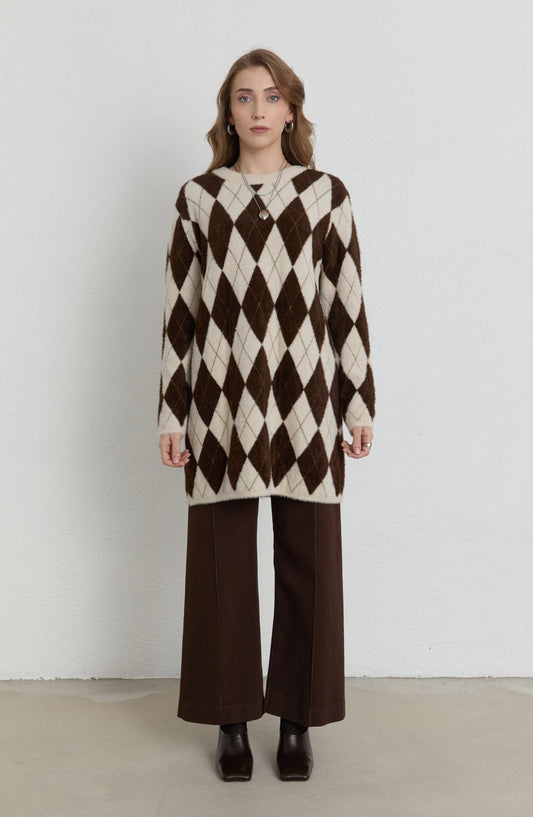 Baklava Desen Acı Kahve Taş Yumoş Triko Kazak - Fatma Atasoy