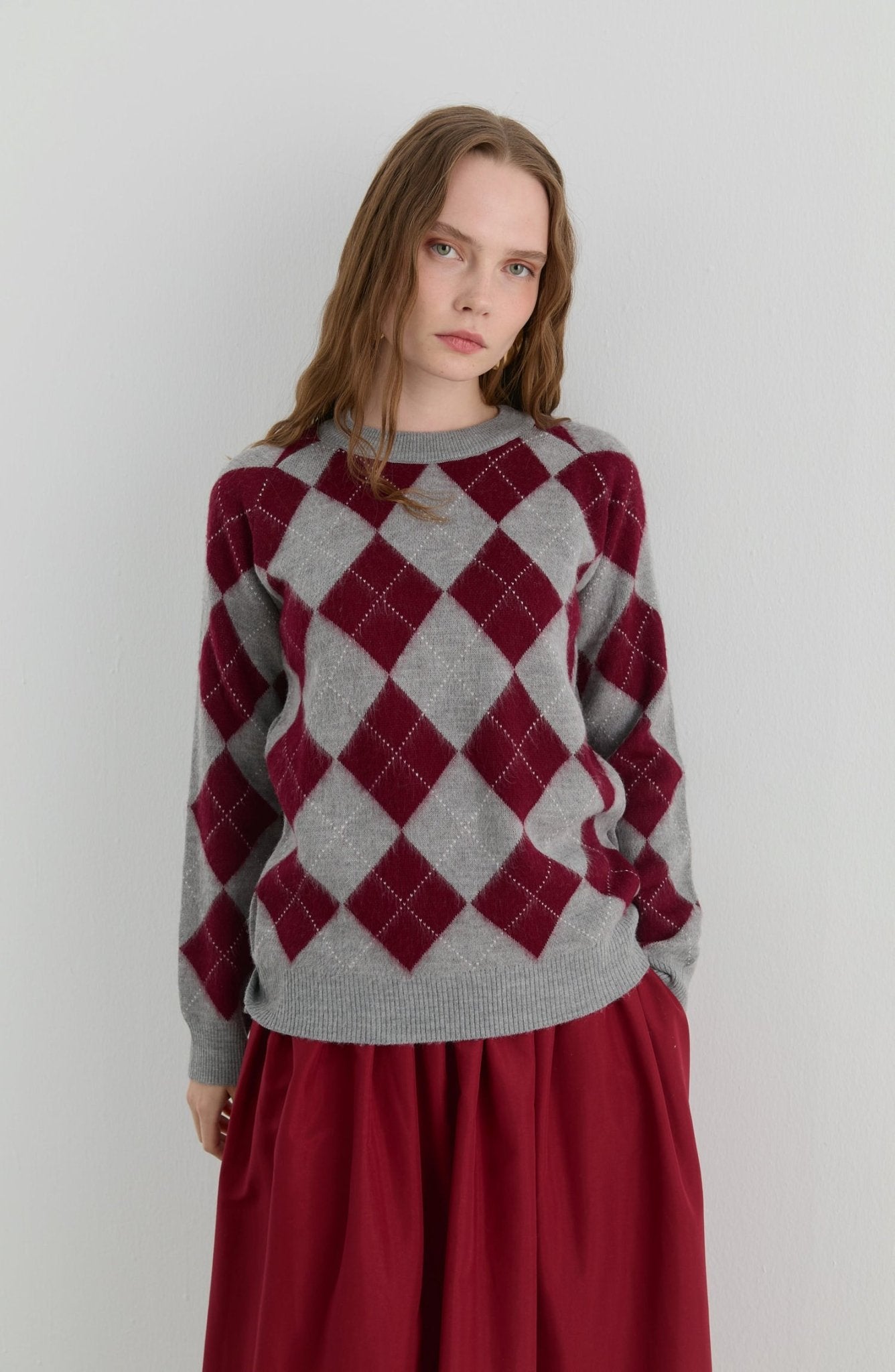 Baklava Desen Gri - Bordo Yumoş Triko Kazak - Fatma Atasoy