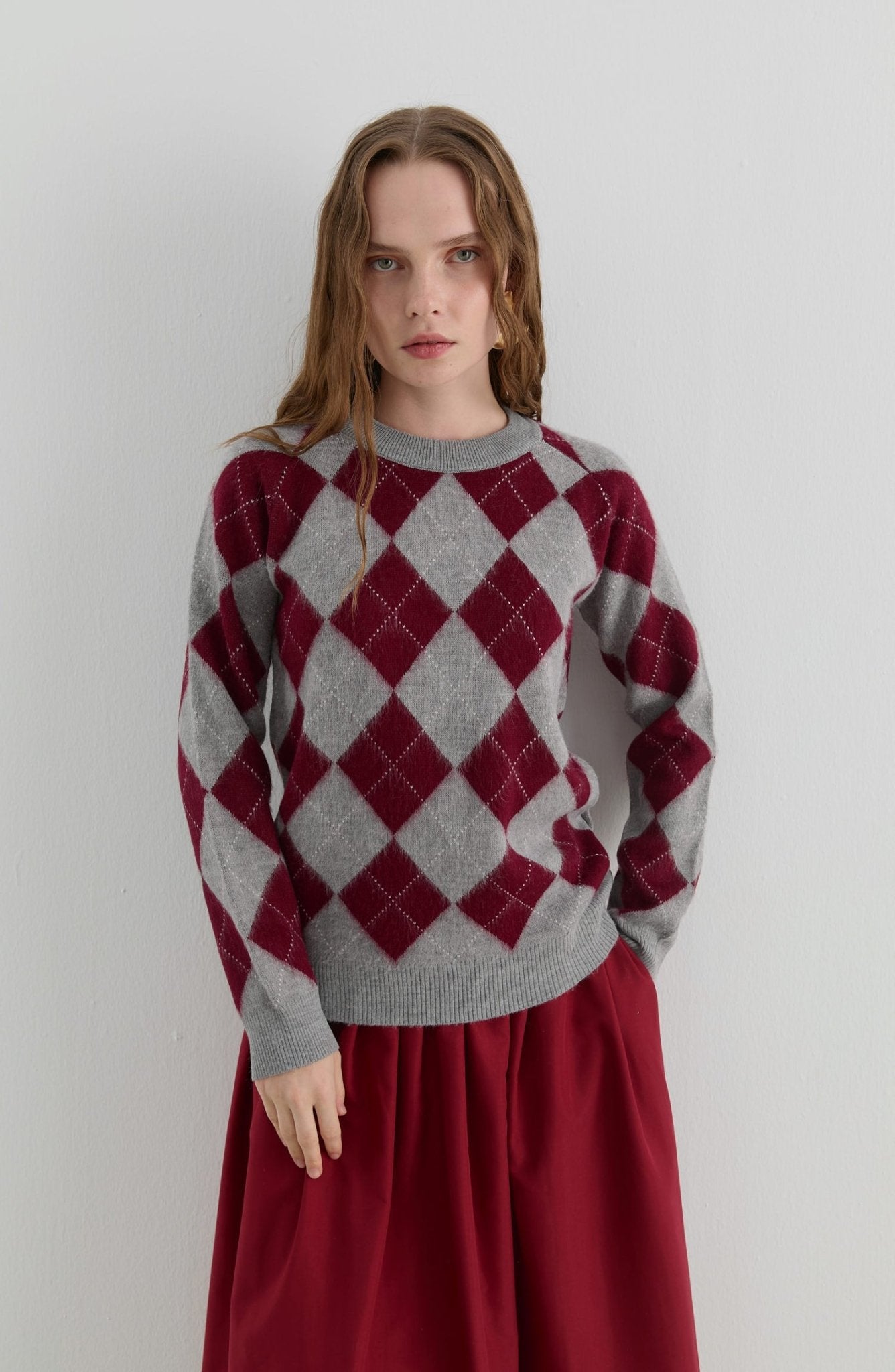 Baklava Desen Gri - Bordo Yumoş Triko Kazak - Fatma Atasoy