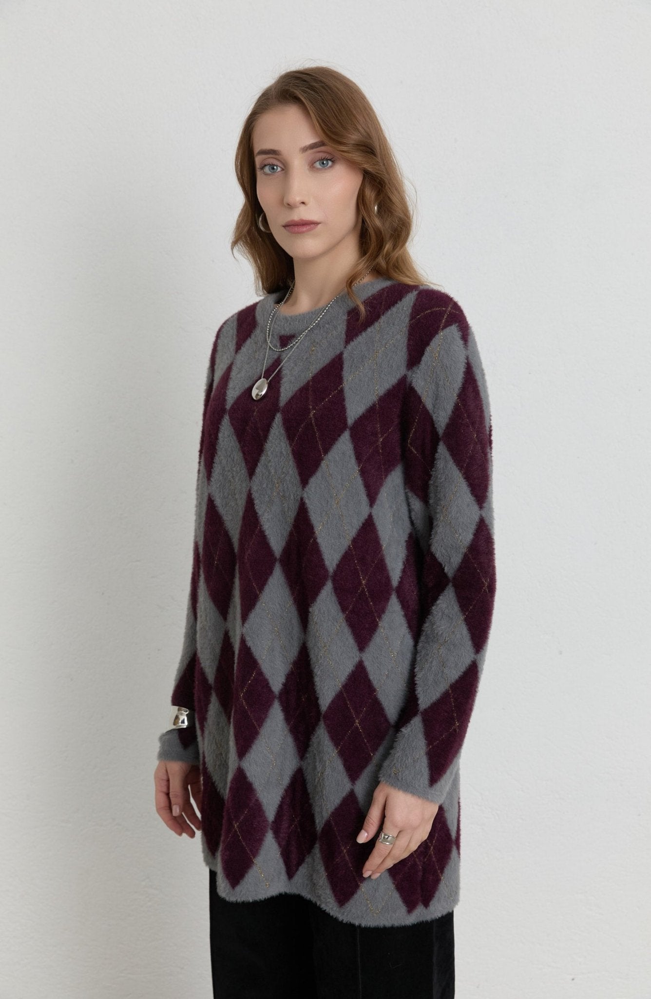 Baklava Desen Gri Mürdüm Yumoş Triko Kazak - Fatma Atasoy