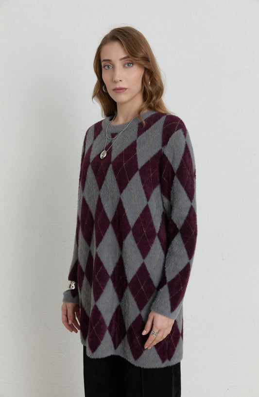 Baklava Desen Gri Mürdüm Yumoş Triko Kazak - Fatma Atasoy