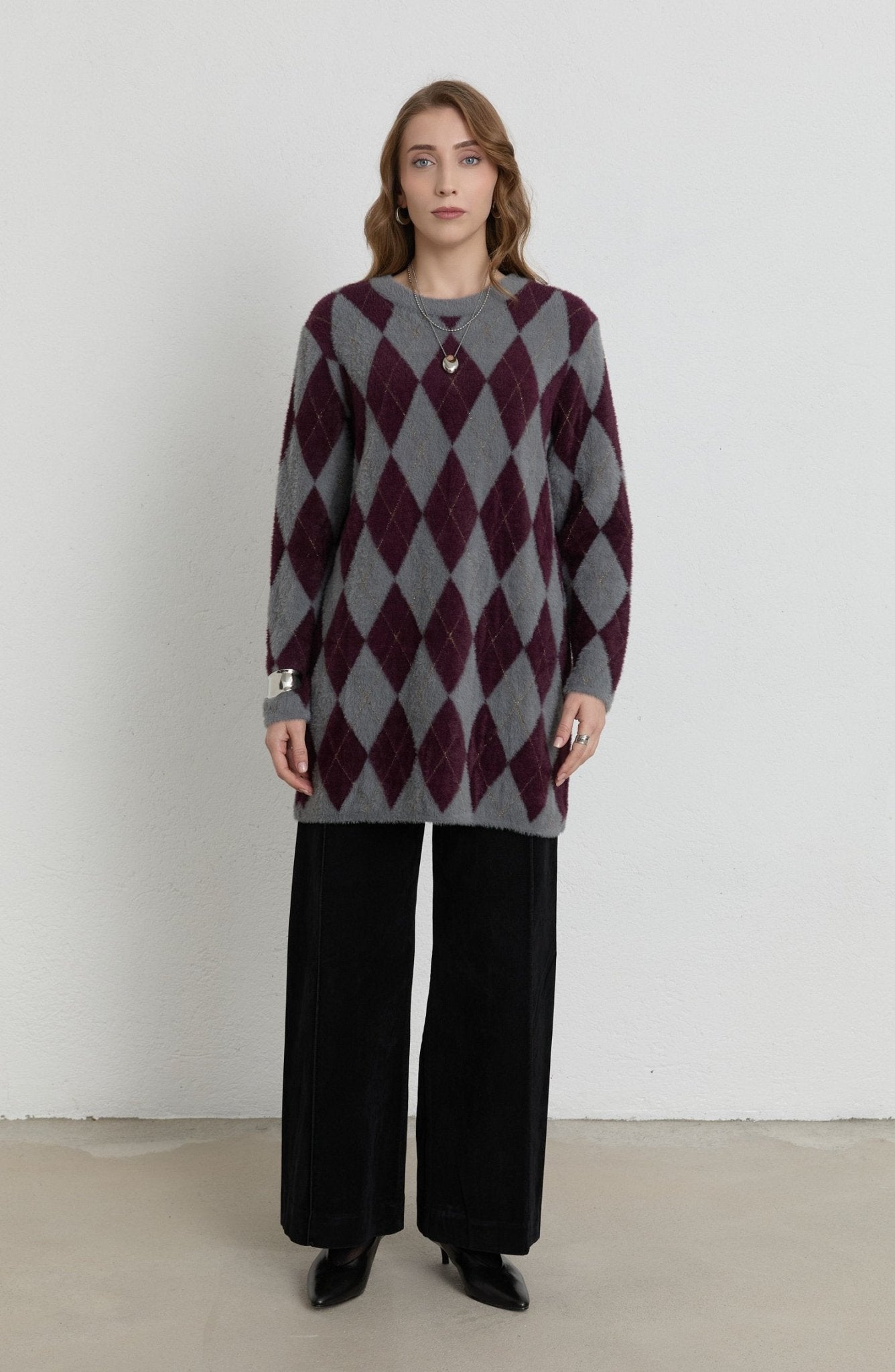 Baklava Desen Gri Mürdüm Yumoş Triko Kazak - Fatma Atasoy