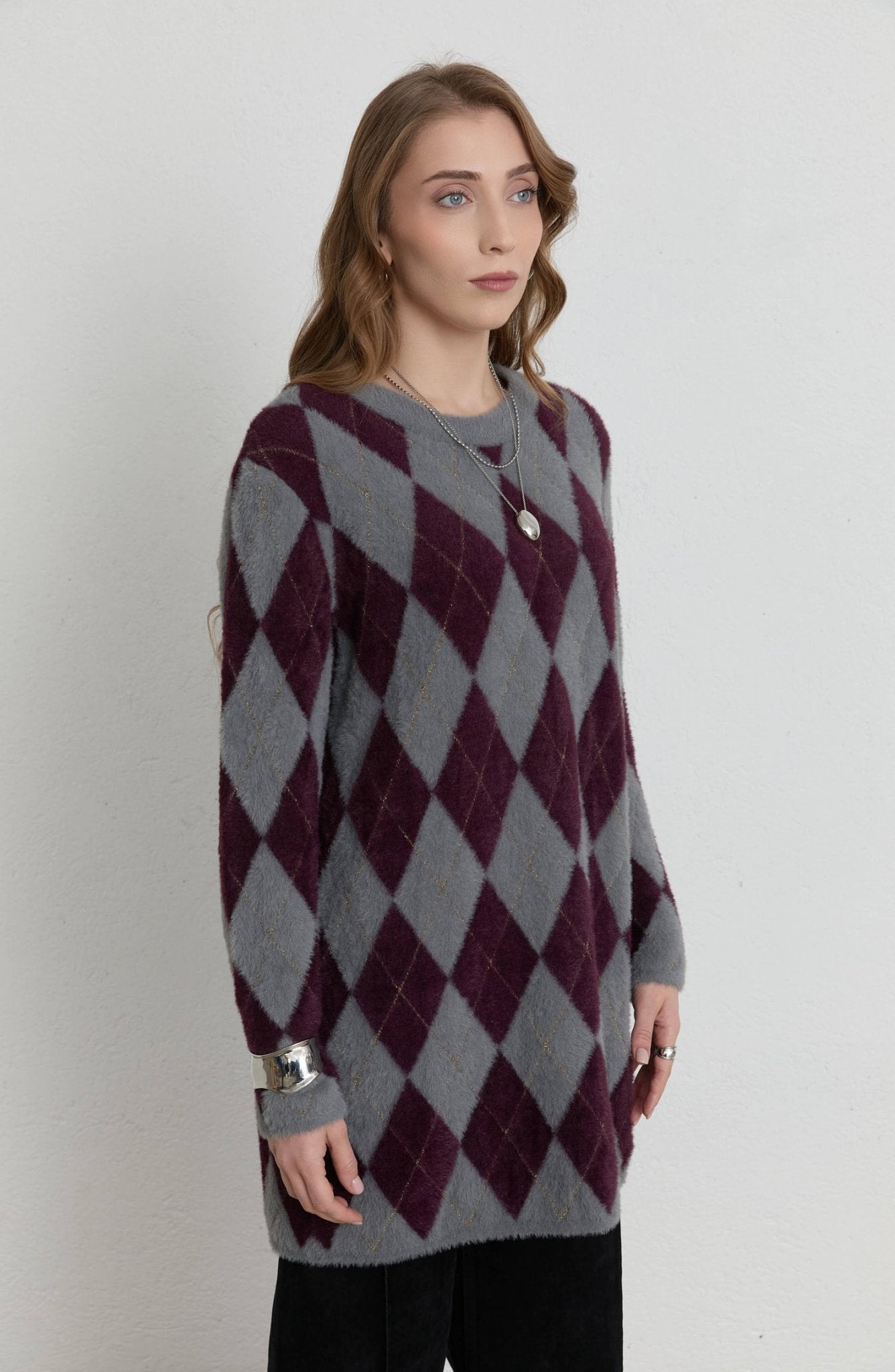 Baklava Desen Gri Mürdüm Yumoş Triko Kazak - Fatma Atasoy