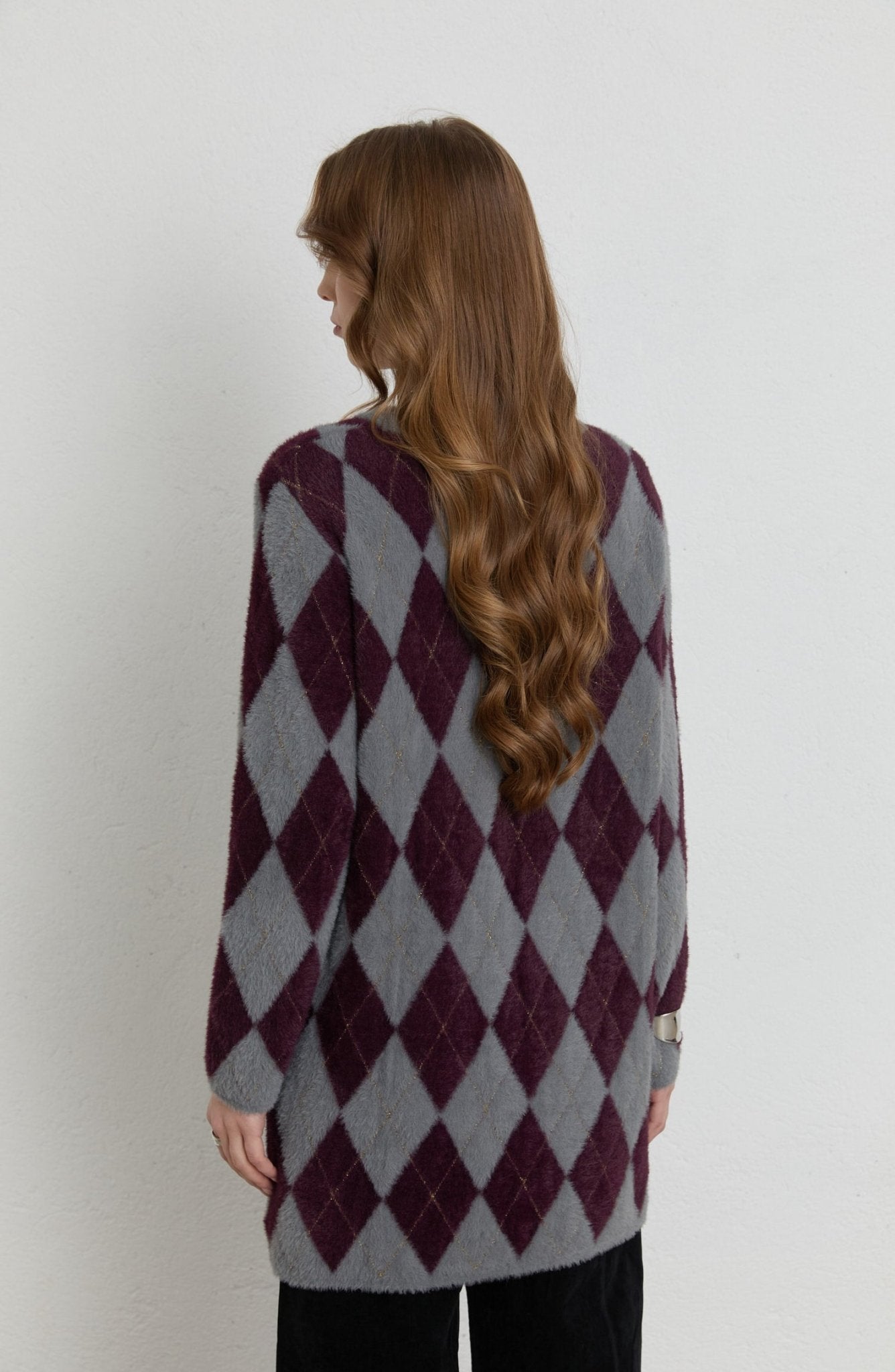 Baklava Desen Gri Mürdüm Yumoş Triko Kazak - Fatma Atasoy