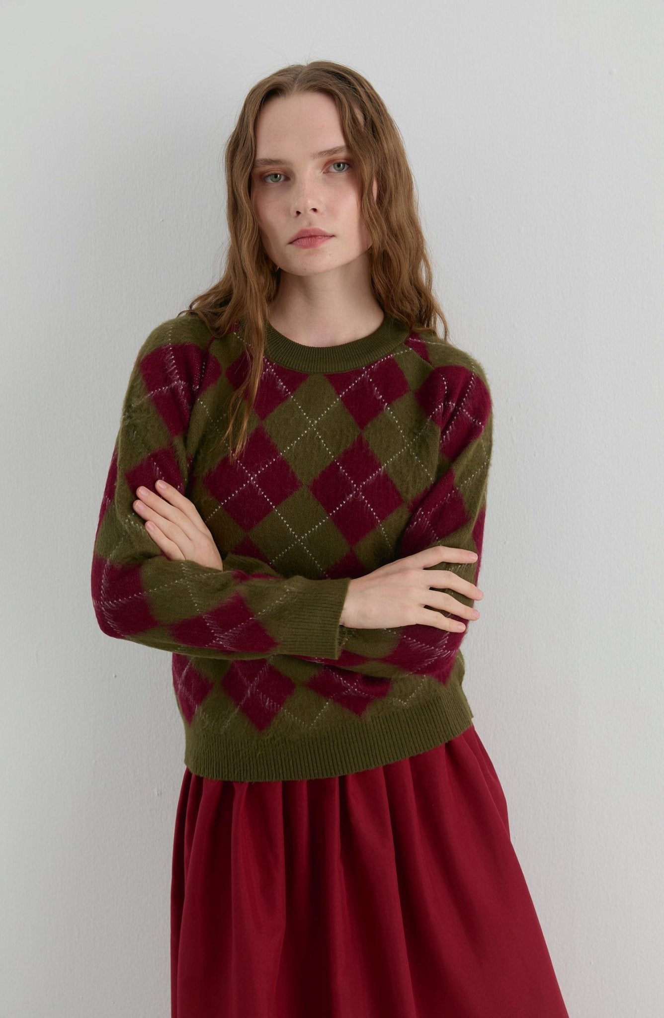 Baklava Desen Haki - Bordo Yumoş Triko Kazak - Fatma Atasoy