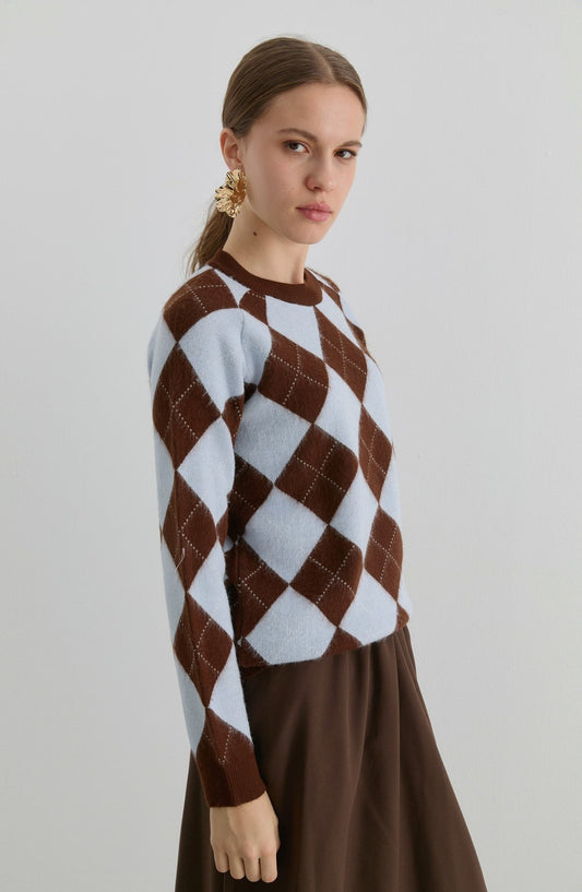 Baklava Desen Kahverengi - Bebe Mavi Yumoş Triko Kazak - Fatma Atasoy