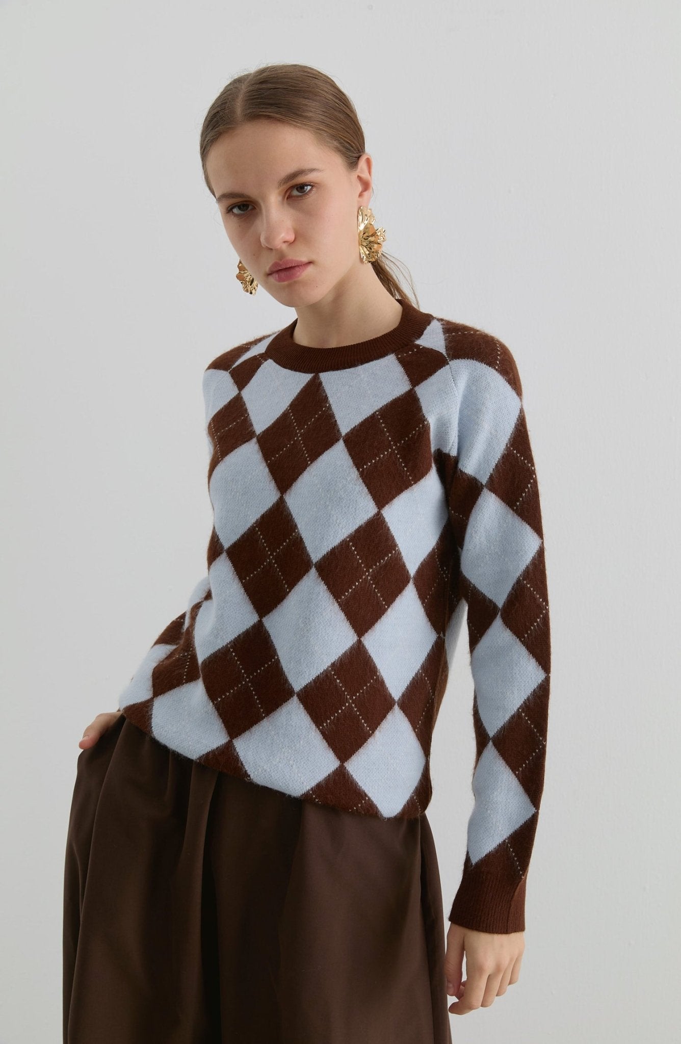 Baklava Desen Kahverengi - Bebe Mavi Yumoş Triko Kazak - Fatma Atasoy