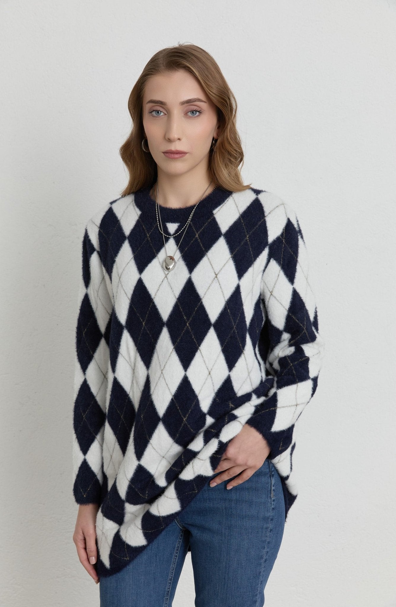 Baklava Desen Lacivert Ekru Yumoş Triko Kazak - Fatma Atasoy