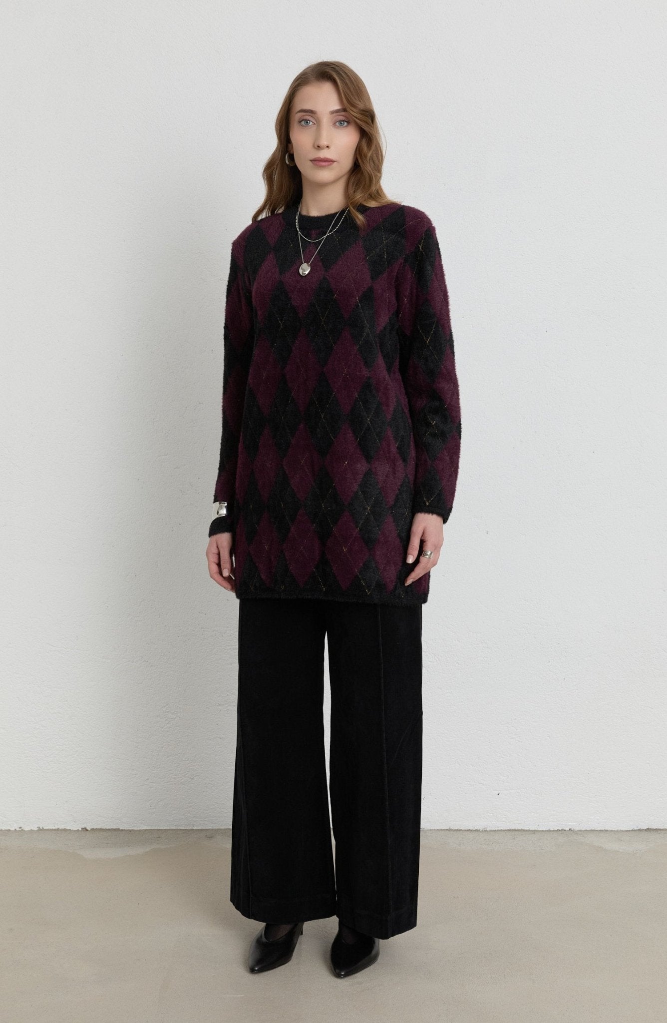 Baklava Desen Mürdüm Siyah Yumoş Triko Kazak - Fatma Atasoy