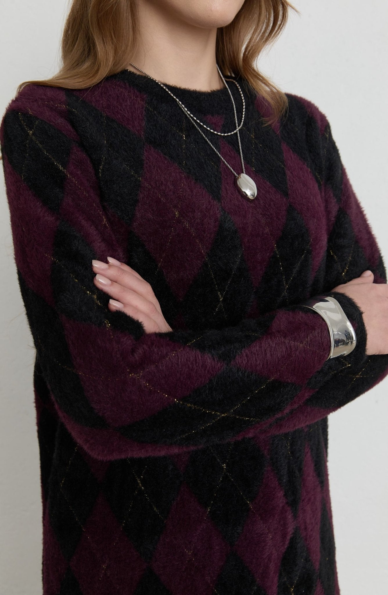 Baklava Desen Mürdüm Siyah Yumoş Triko Kazak - Fatma Atasoy