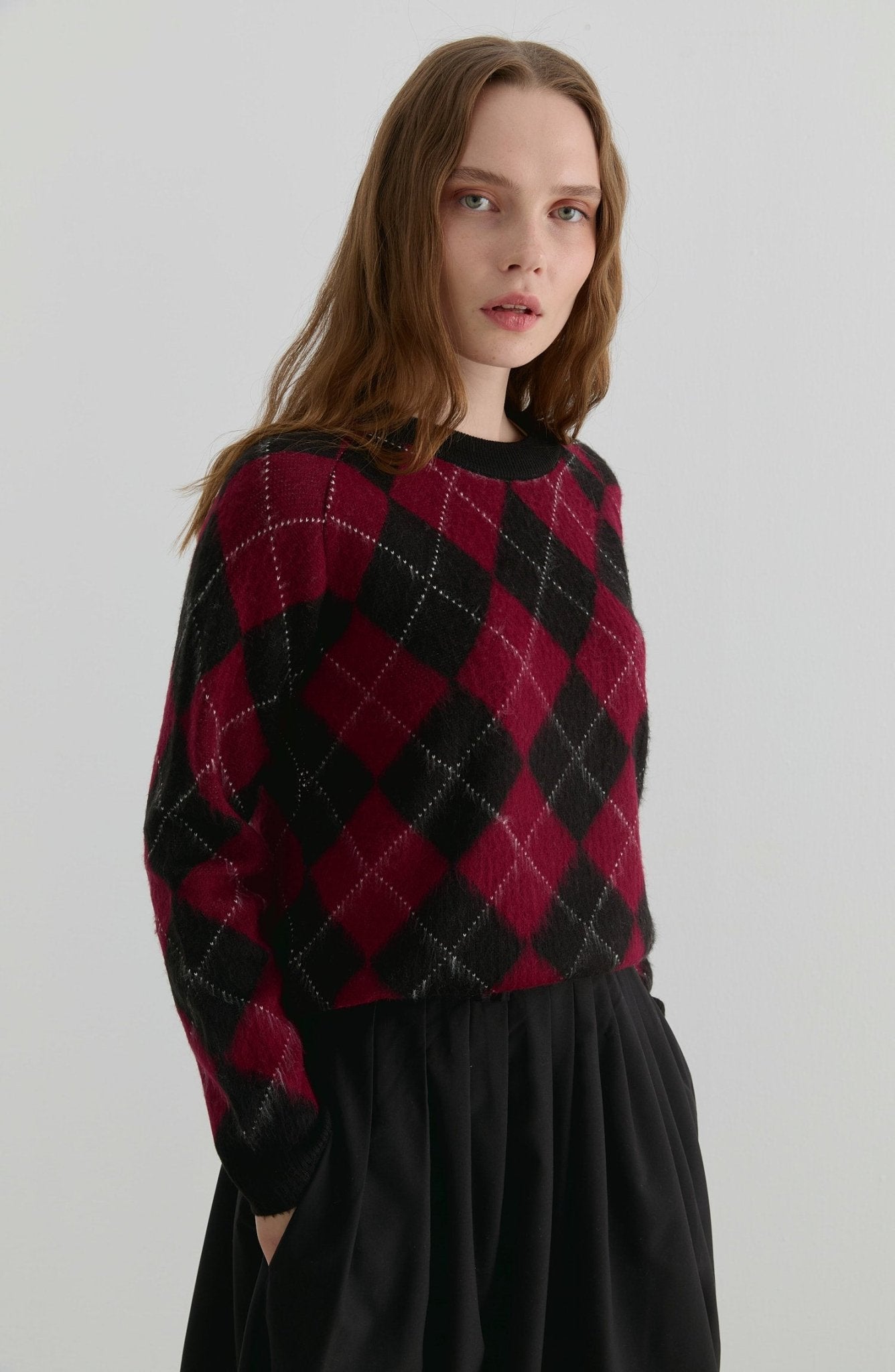 Baklava Desen Siyah - Bordo Yumoş Triko Kazak - Fatma Atasoy