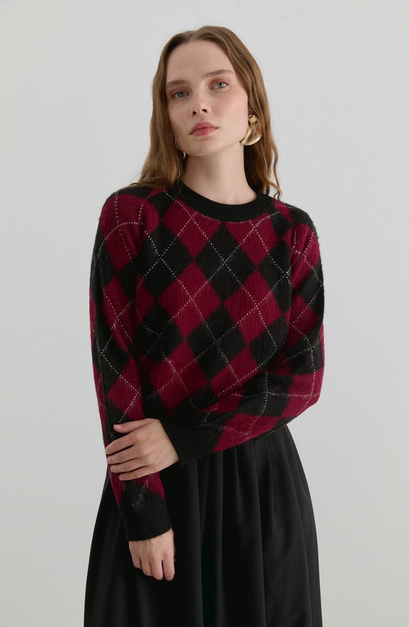 Baklava Desen Siyah - Bordo Yumoş Triko Kazak - Fatma Atasoy