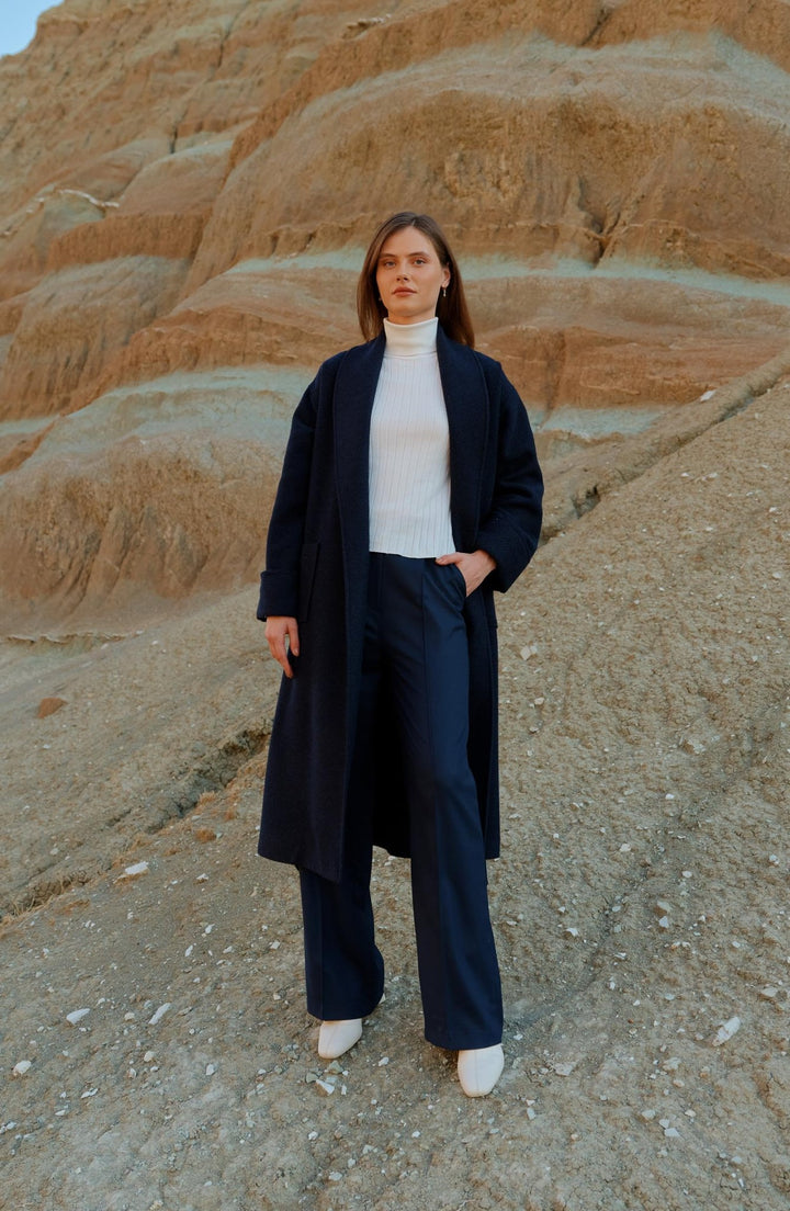 Balıksırtı Yün Bağlamalı Lacivert Kaban - Fatma Atasoy