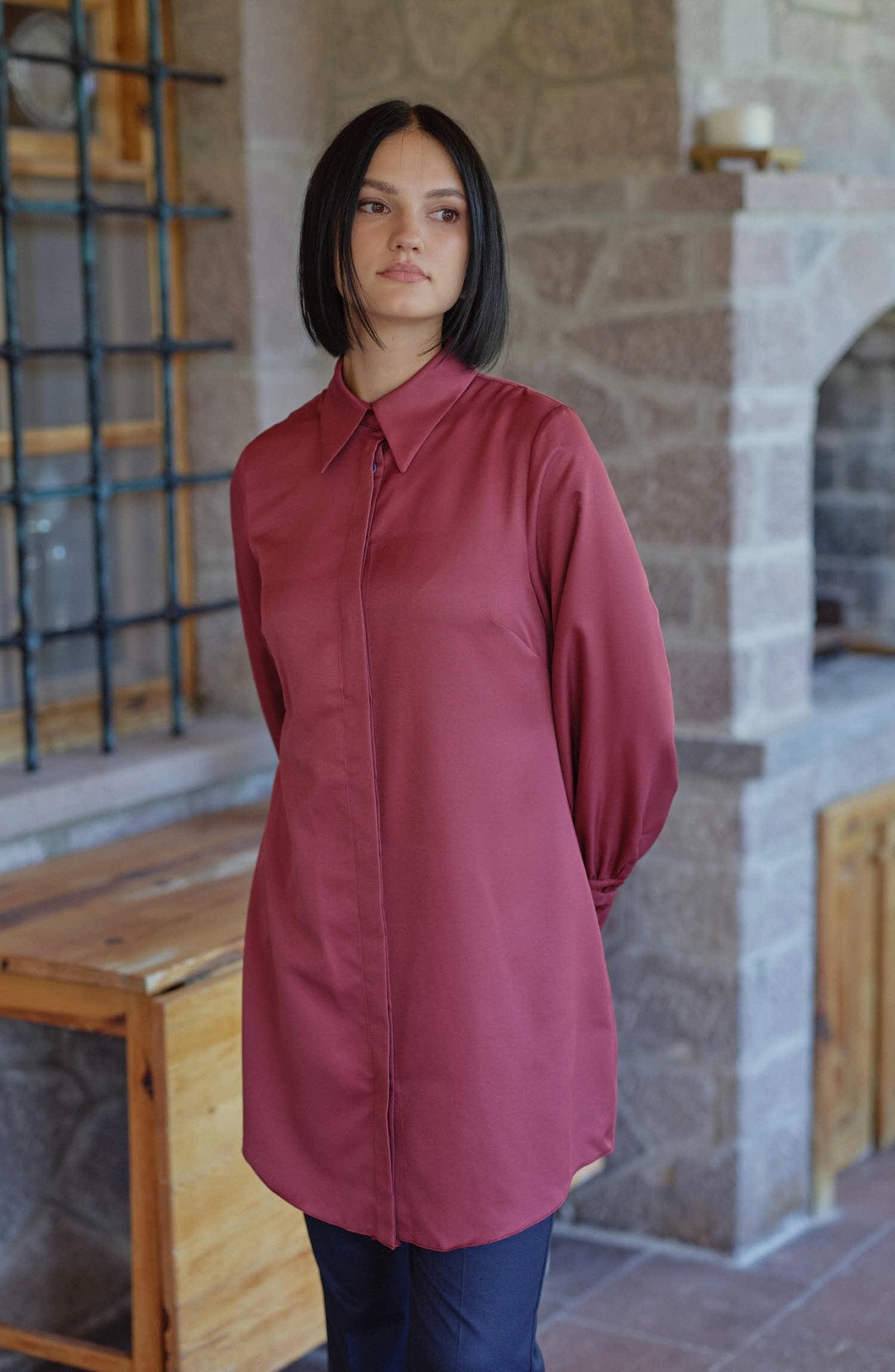 Balon Kol Bordo Midi Gömlek - Fatma Atasoy