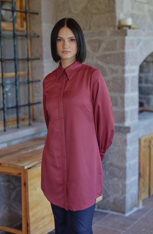 Balon Kol Bordo Midi Gömlek - Fatma Atasoy
