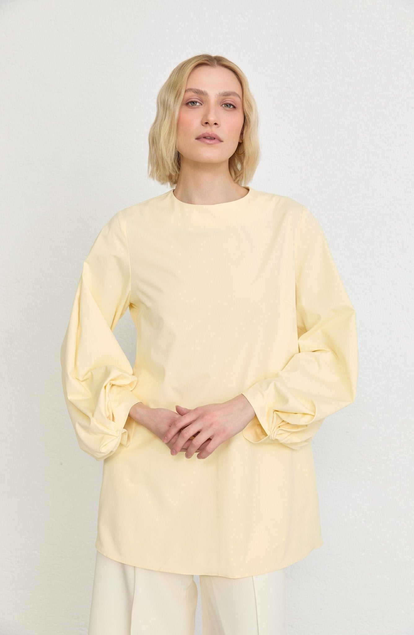 Balon Kol Butter Sarı Pamuk Tunik Gömlek - Fatma Atasoy