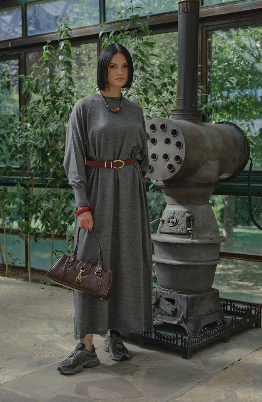 Balon Kol Gri İnce Triko Elbise - Fatma Atasoy
