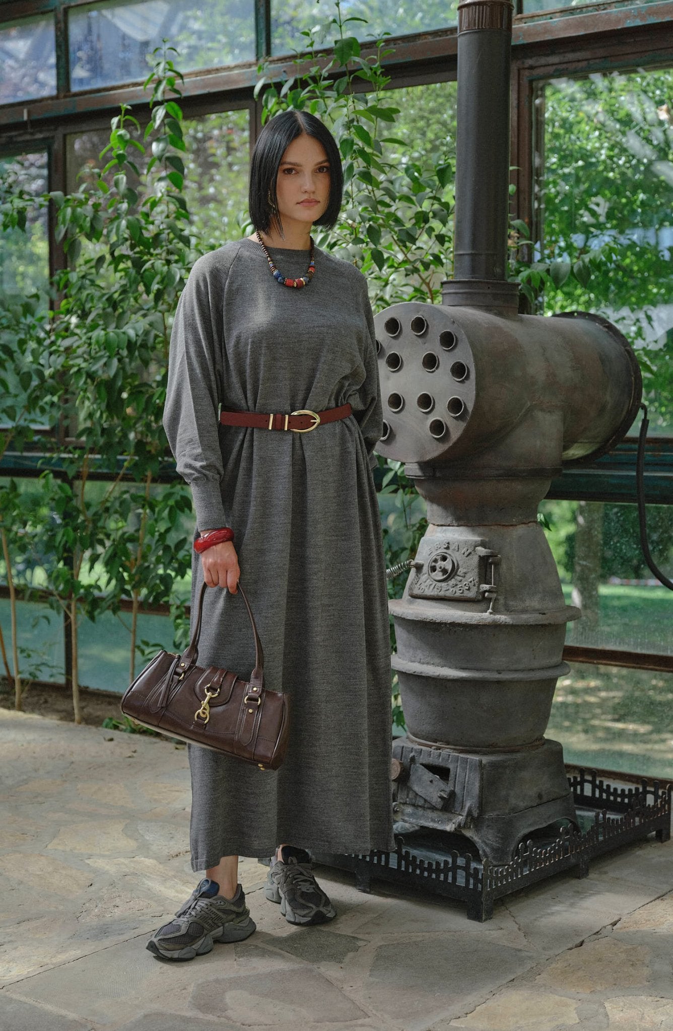 Balon Kol Gri İnce Triko Elbise - Fatma Atasoy