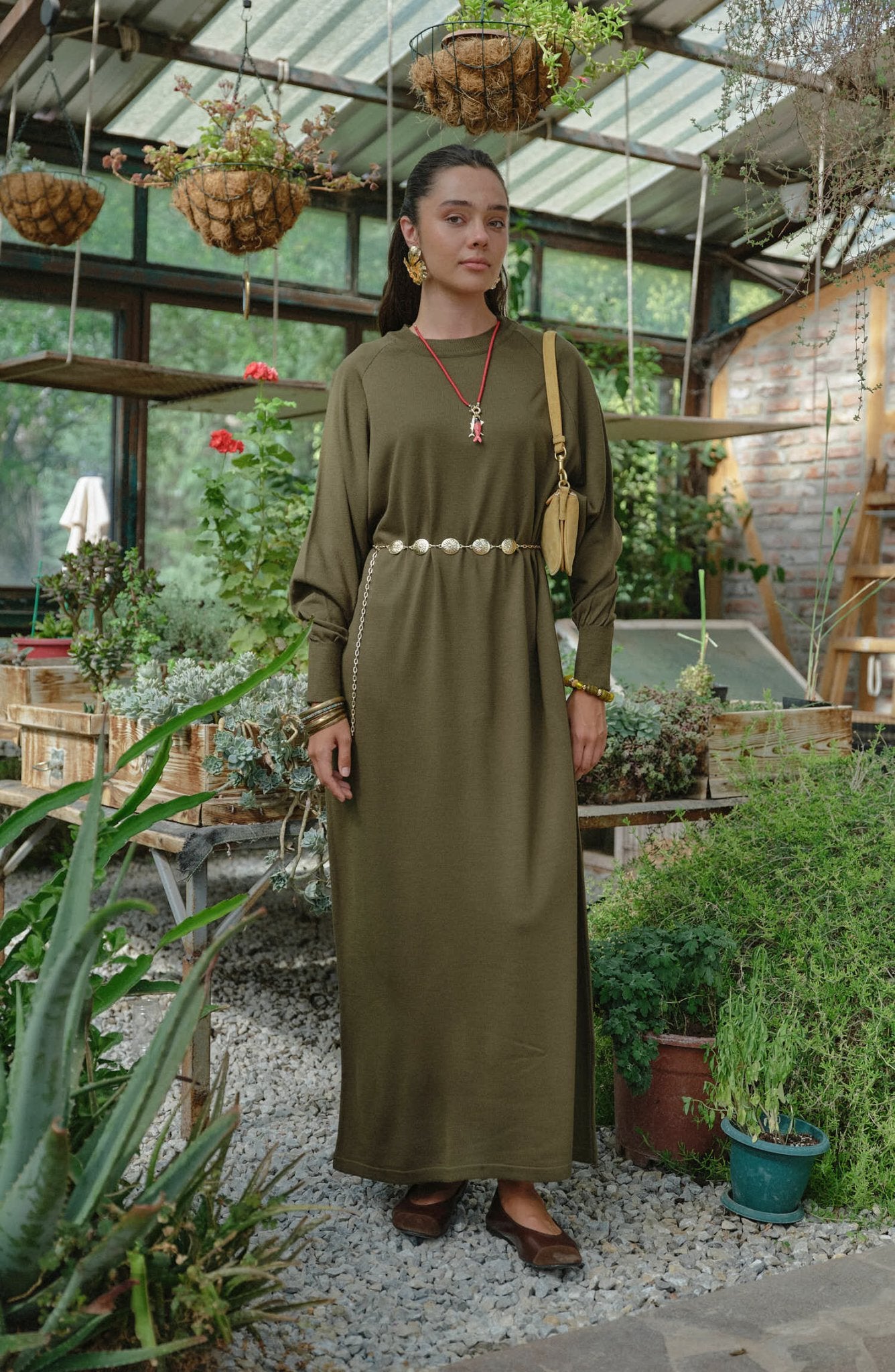 Balon Kol Haki İnce Triko Elbise - Fatma Atasoy