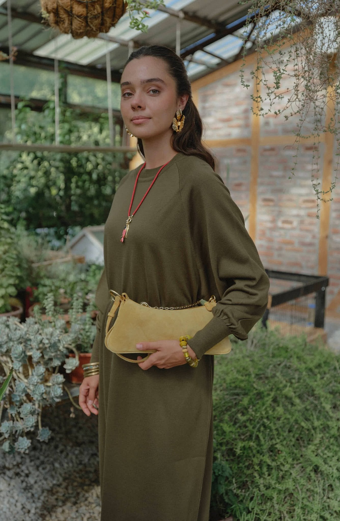 Balon Kol Haki İnce Triko Elbise - Fatma Atasoy