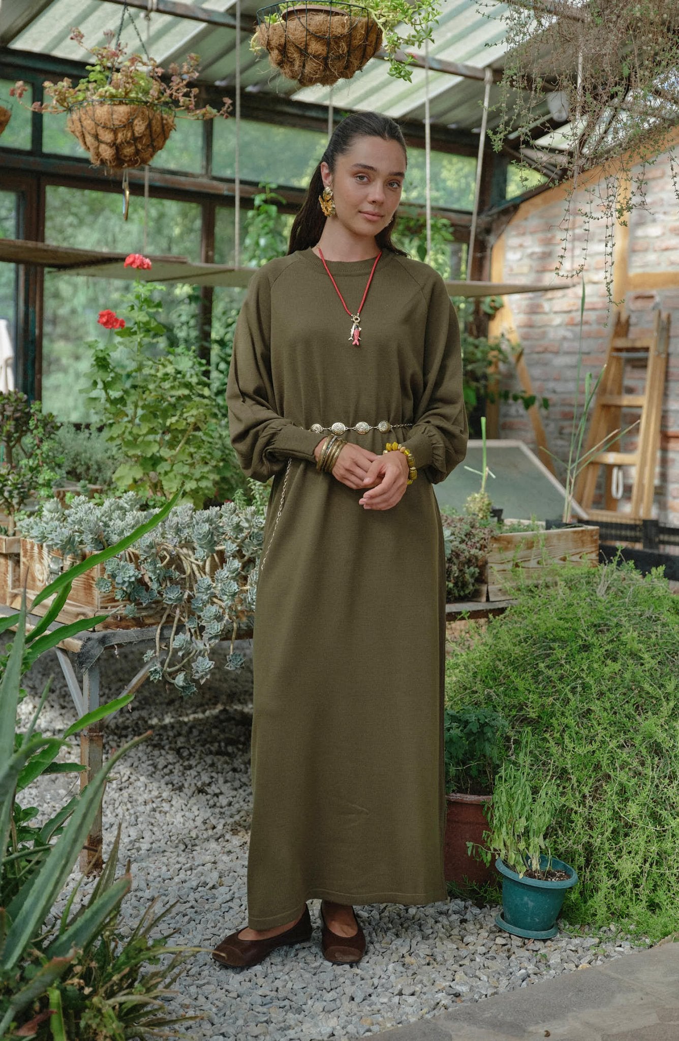 Balon Kol Haki İnce Triko Elbise - Fatma Atasoy