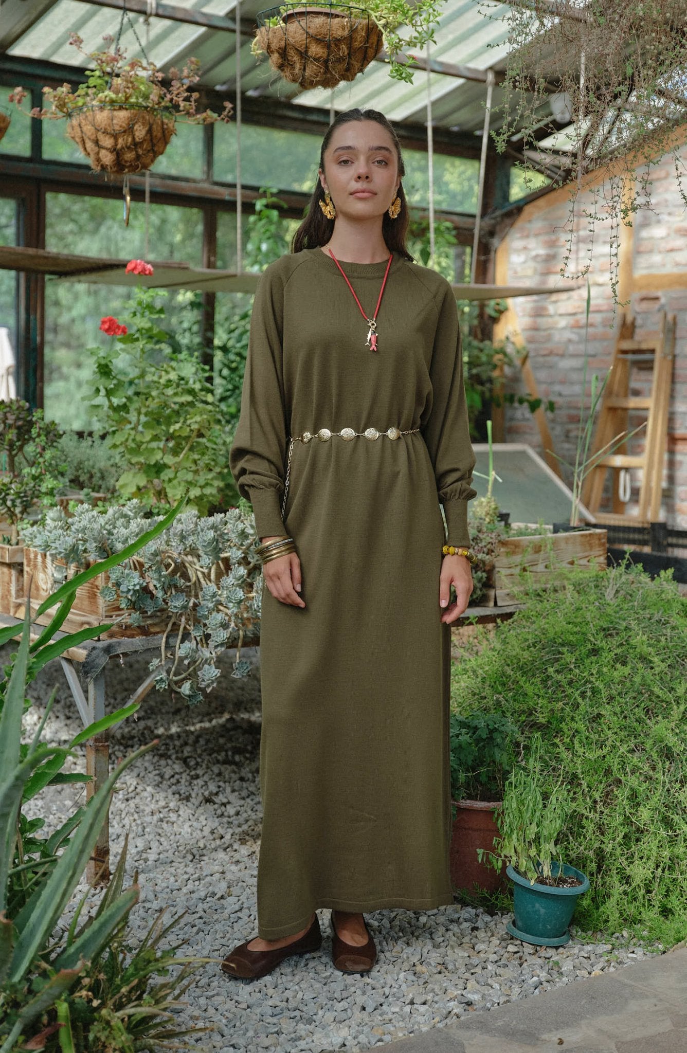 Balon Kol Haki İnce Triko Elbise - Fatma Atasoy