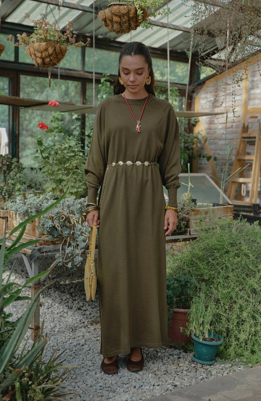 Balon Kol Haki İnce Triko Elbise - Fatma Atasoy