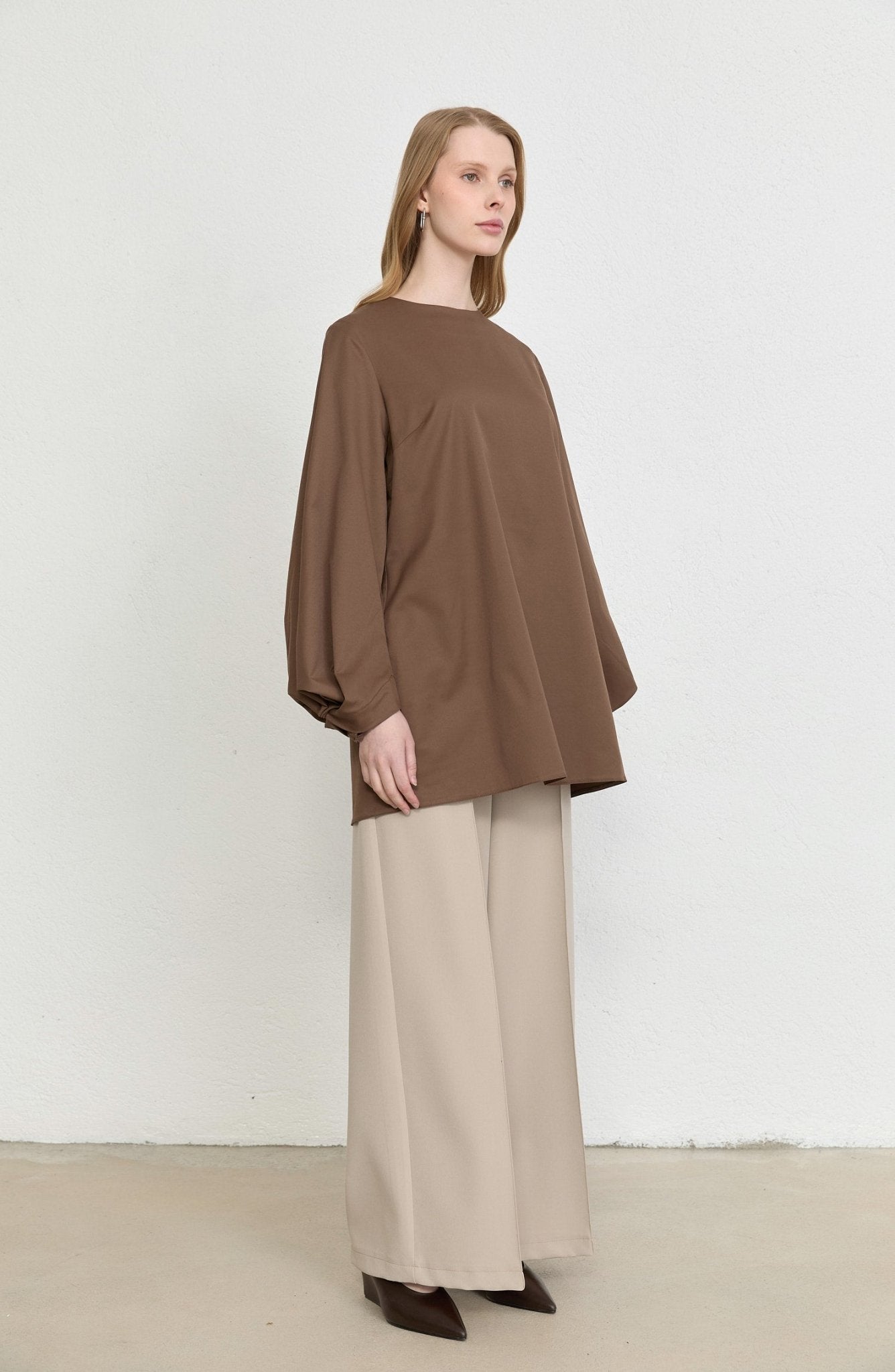 Balon Kol Kahverengi Pamuk Tunik Gömlek - Fatma Atasoy