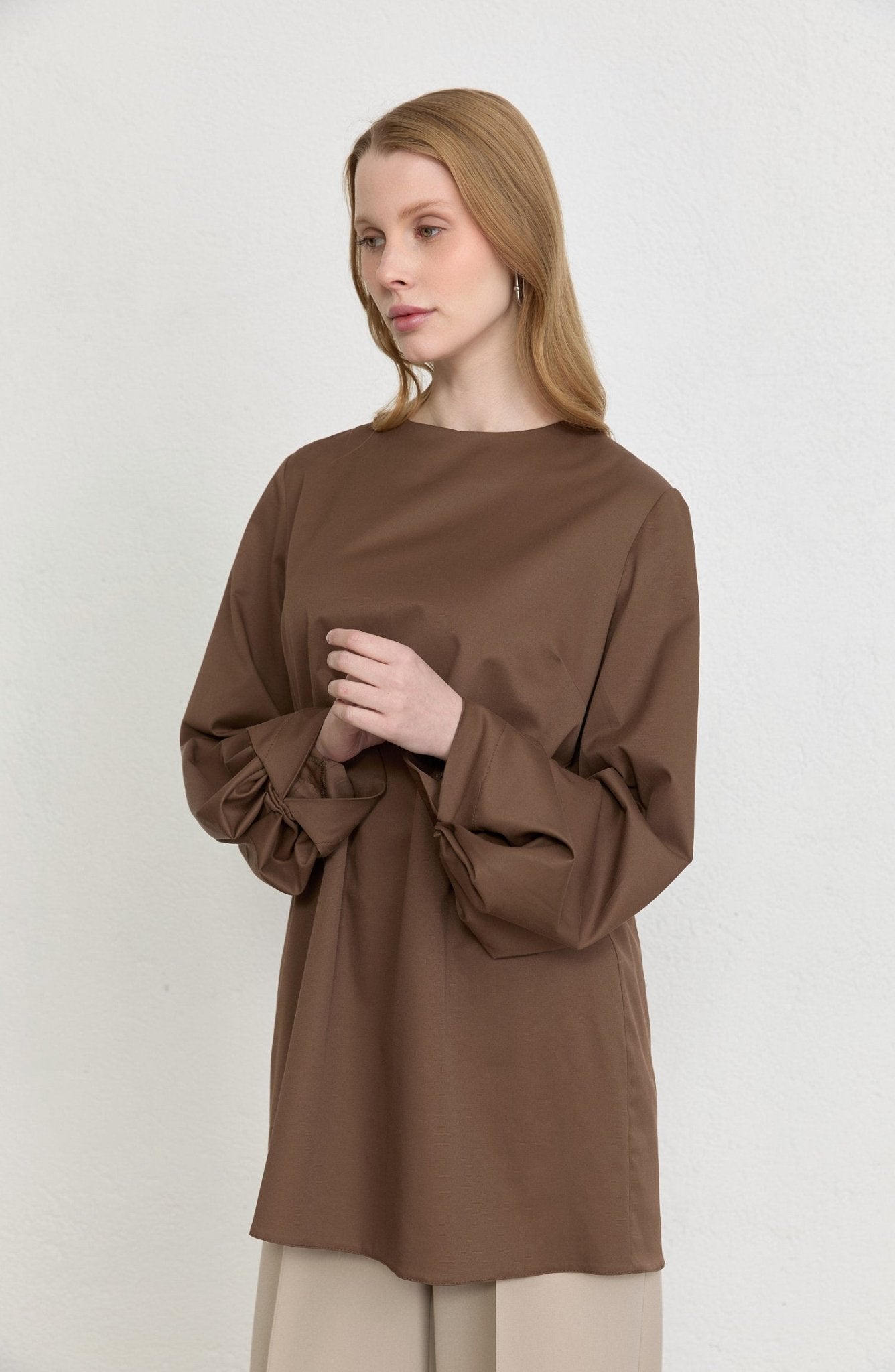 Balon Kol Kahverengi Pamuk Tunik Gömlek - Fatma Atasoy