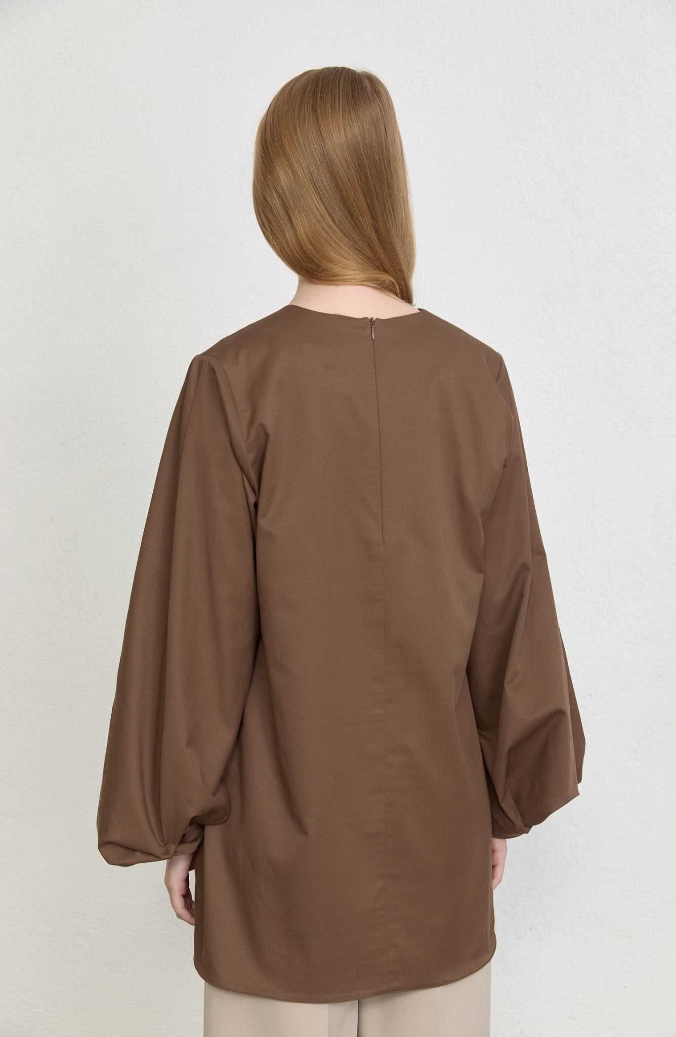 Balon Kol Kahverengi Pamuk Tunik Gömlek - Fatma Atasoy