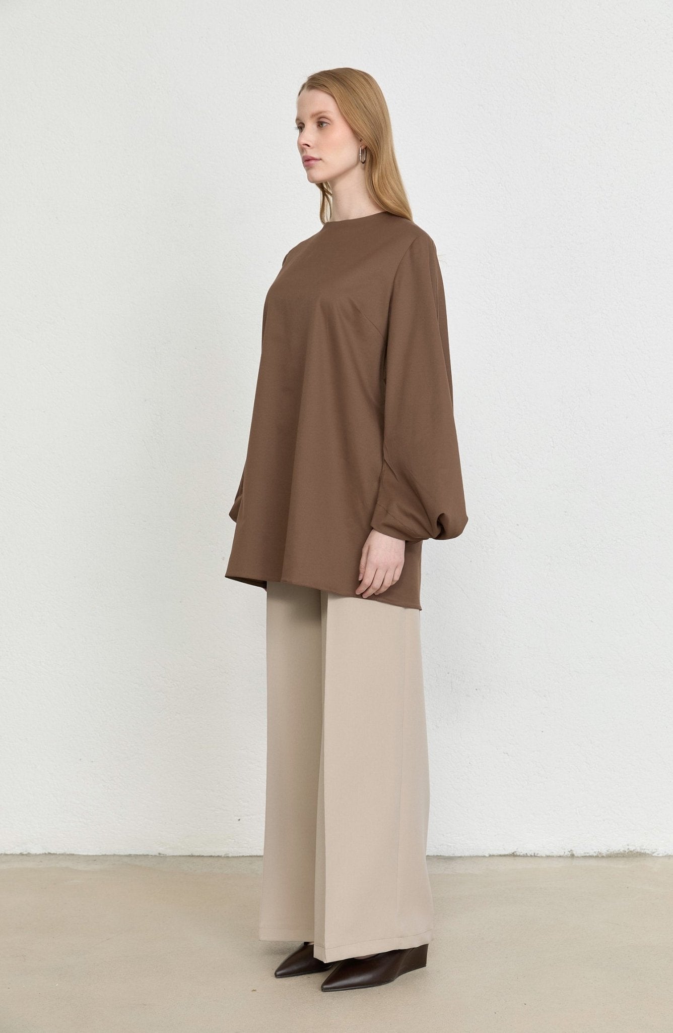 Balon Kol Kahverengi Pamuk Tunik Gömlek - Fatma Atasoy