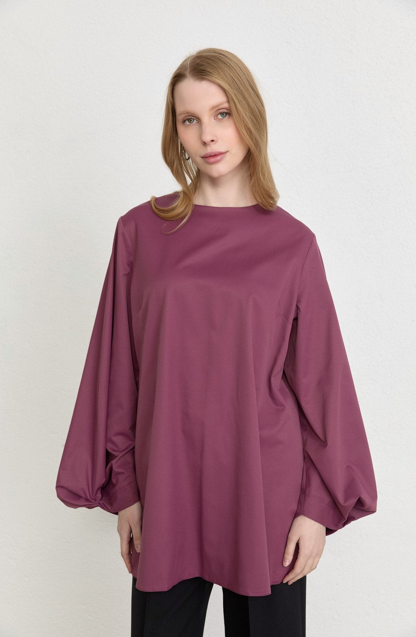 Balon Kol Mürdüm Pamuk Tunik Gömlek - Fatma Atasoy