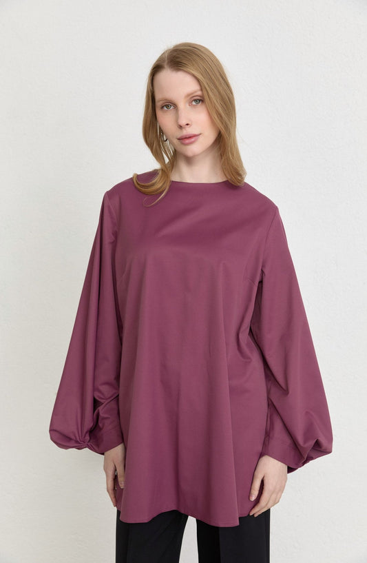 Balon Kol Mürdüm Pamuk Tunik Gömlek - Fatma Atasoy
