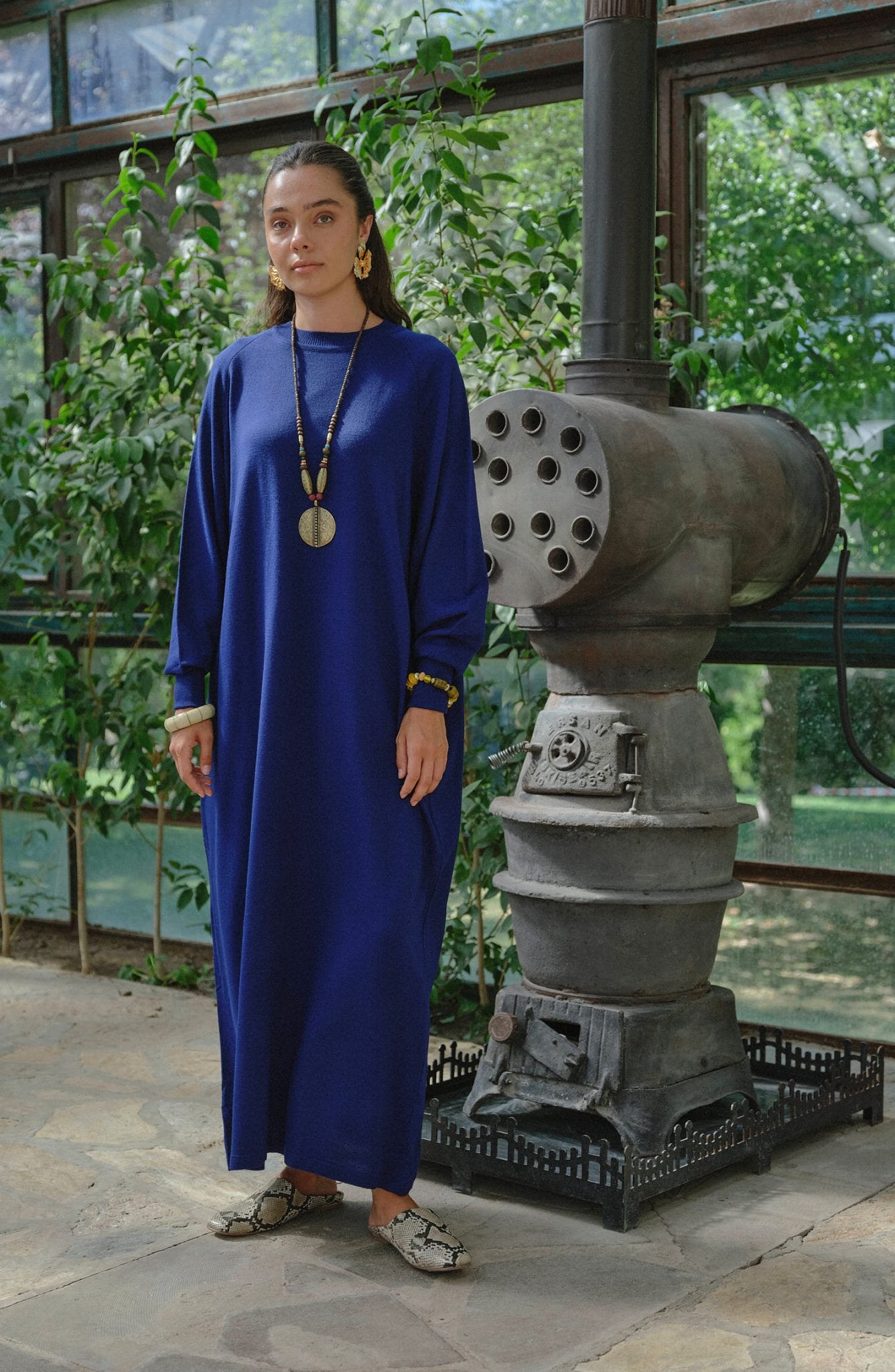 Balon Kol Saks Mavi İnce Triko Elbise - Fatma Atasoy