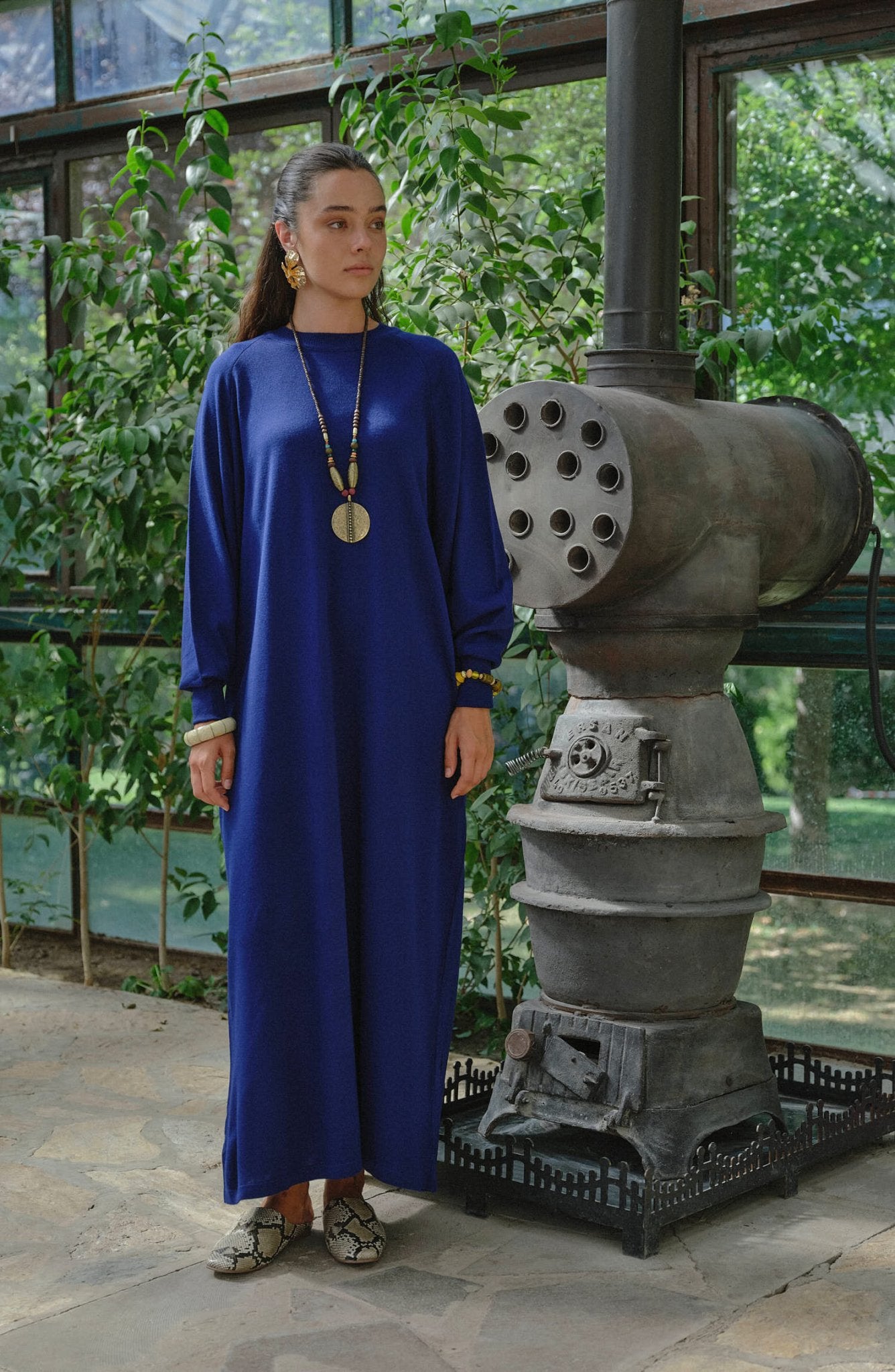 Balon Kol Saks Mavi İnce Triko Elbise - Fatma Atasoy