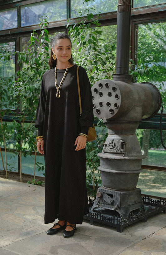 Balon Kol Siyah İnce Triko Elbise - Fatma Atasoy
