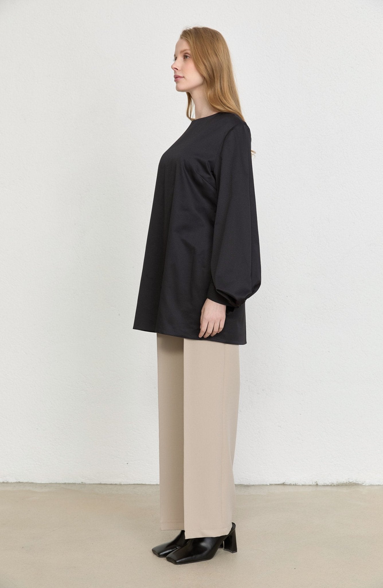 Balon Kol Siyah Pamuk Tunik Gömlek - Fatma Atasoy