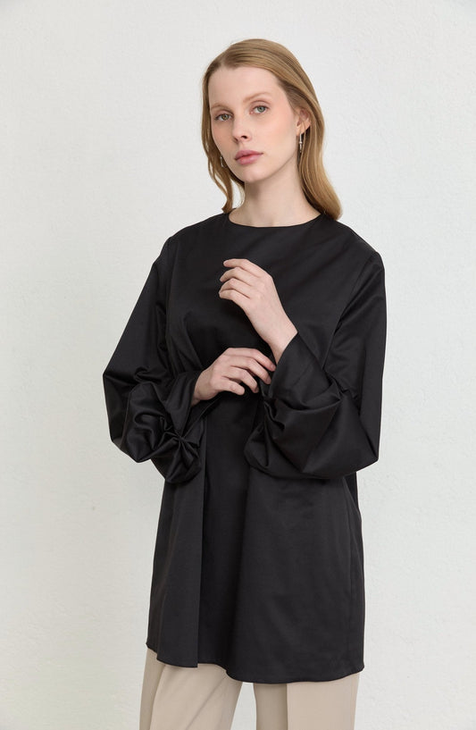 Balon Kol Siyah Pamuk Tunik Gömlek - Fatma Atasoy