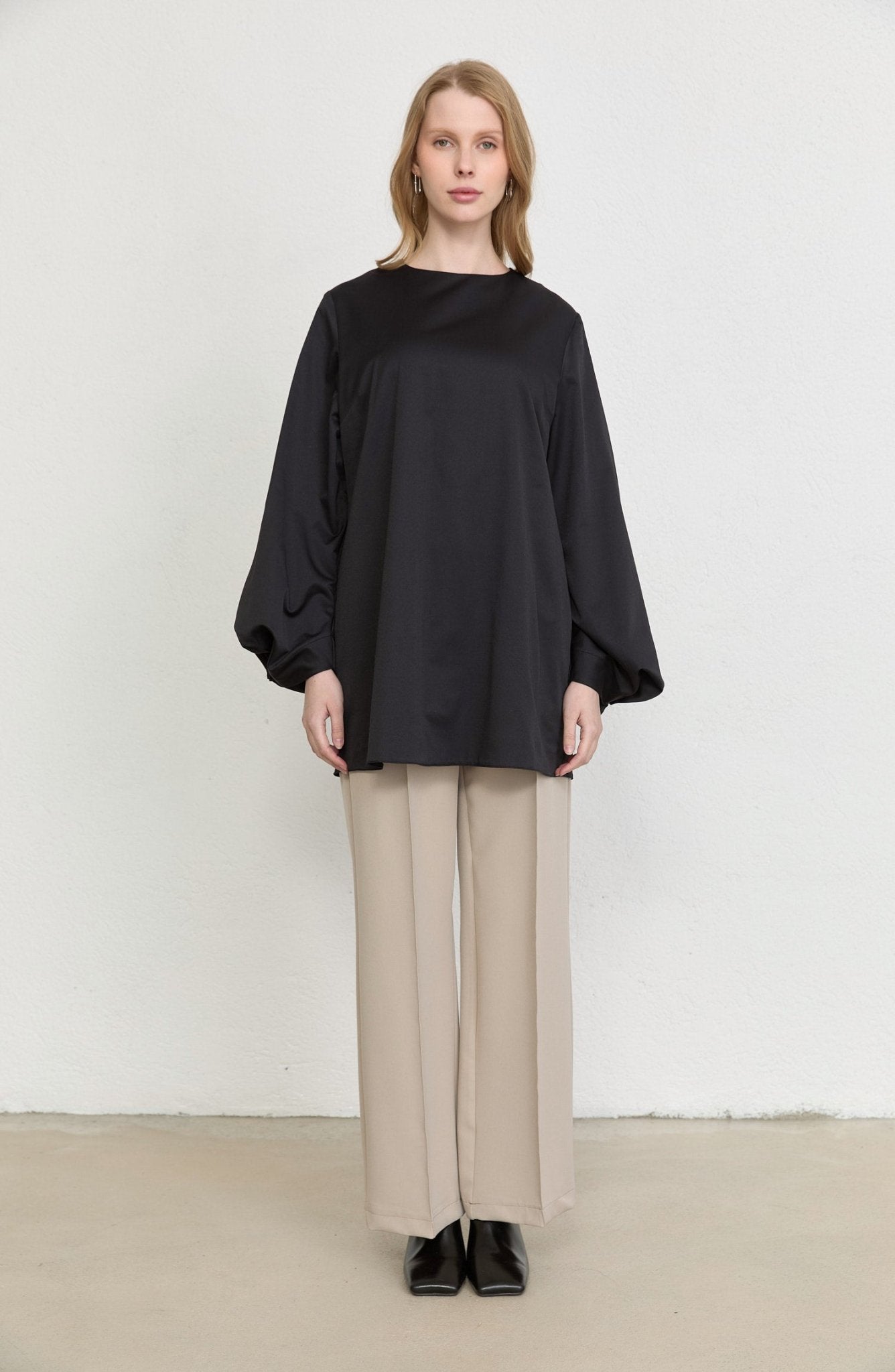 Balon Kol Siyah Pamuk Tunik Gömlek - Fatma Atasoy