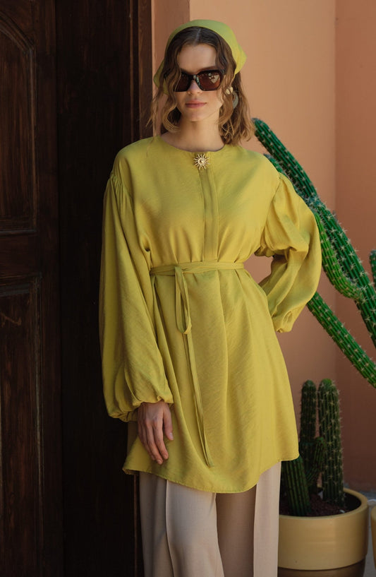 Balon Kol Sunshine Yağ Yeşili Tunik - Fatma Atasoy