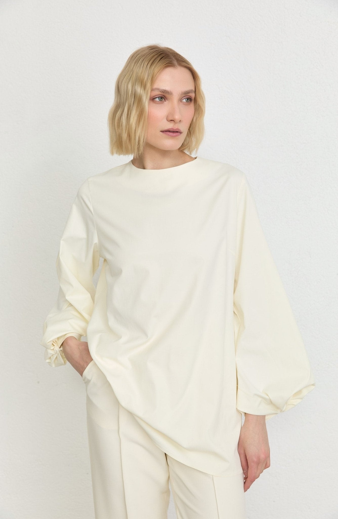 Balon Kol Vanilya Pamuk Tunik Gömlek - Fatma Atasoy