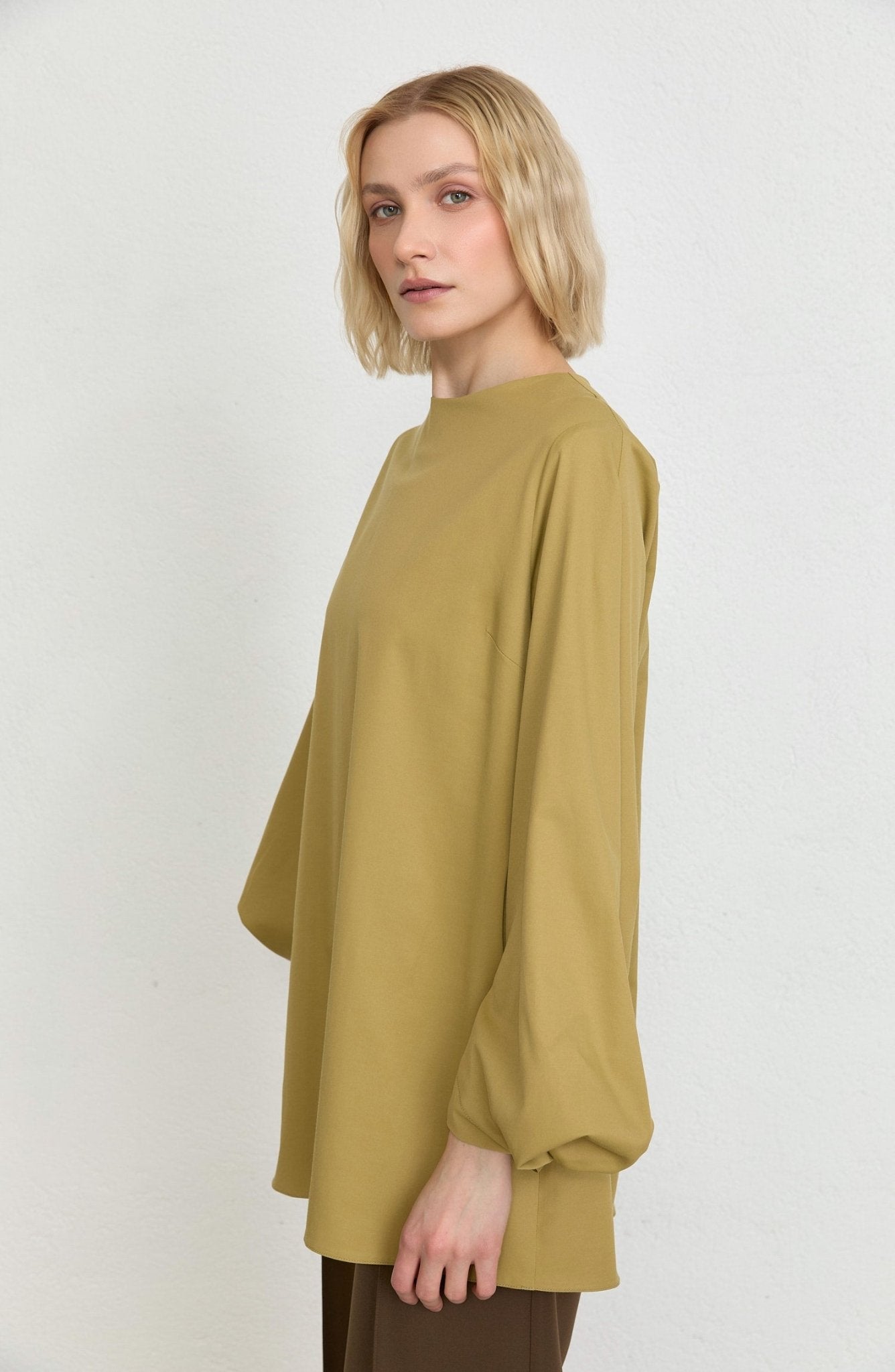 Balon Kol Yağ Yeşili Pamuk Tunik Gömlek - Fatma Atasoy