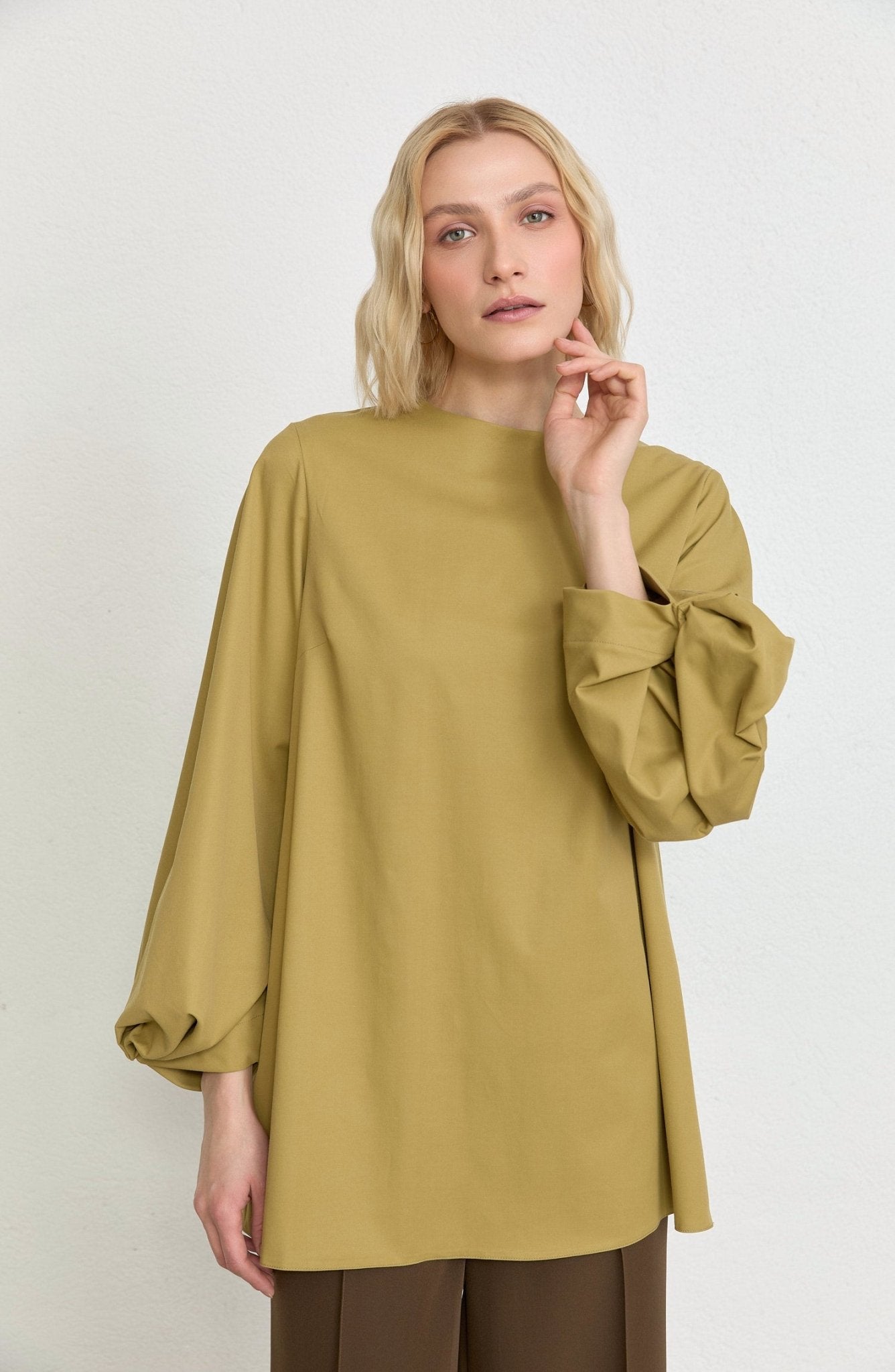Balon Kol Yağ Yeşili Pamuk Tunik Gömlek - Fatma Atasoy