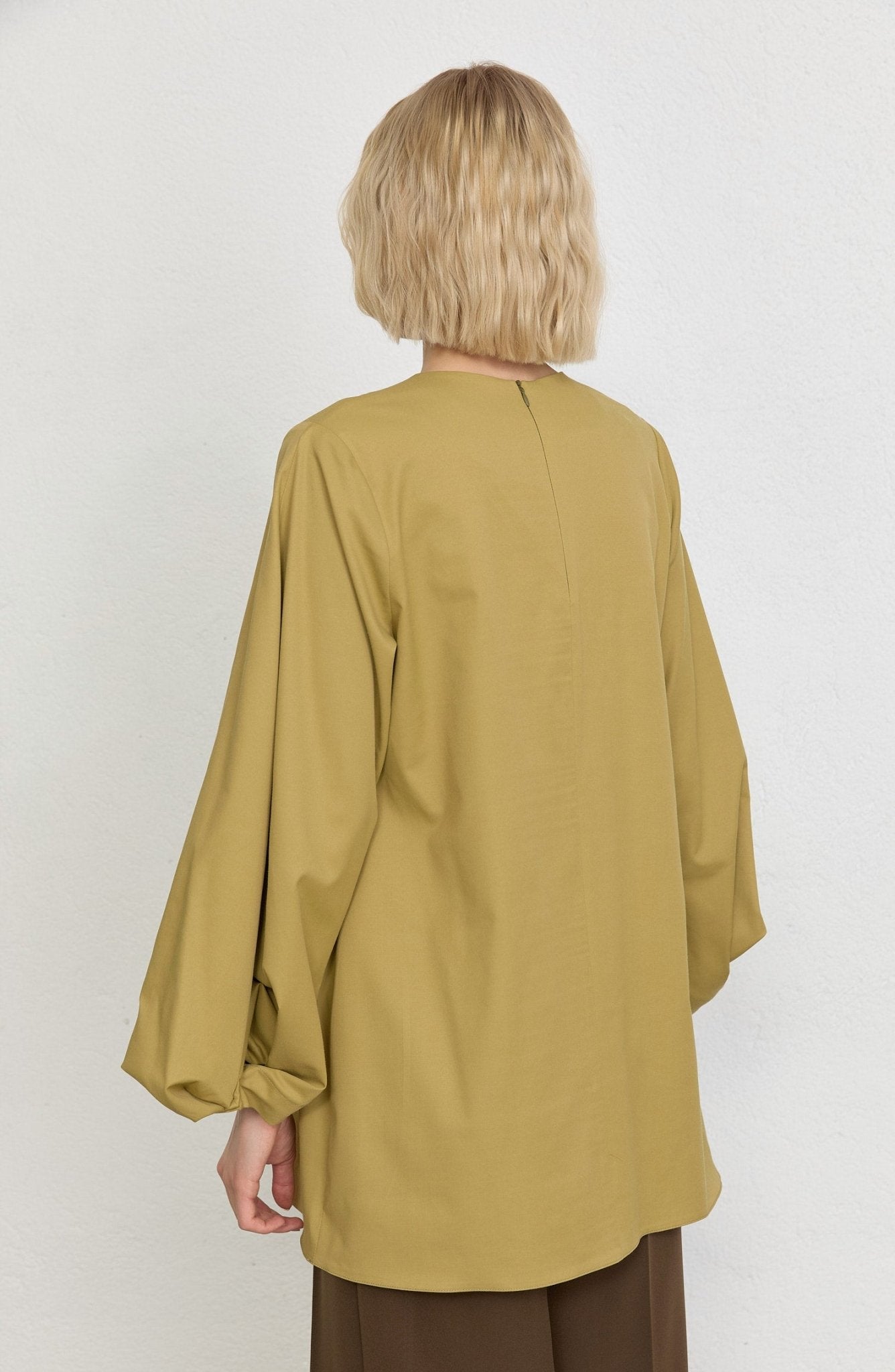 Balon Kol Yağ Yeşili Pamuk Tunik Gömlek - Fatma Atasoy