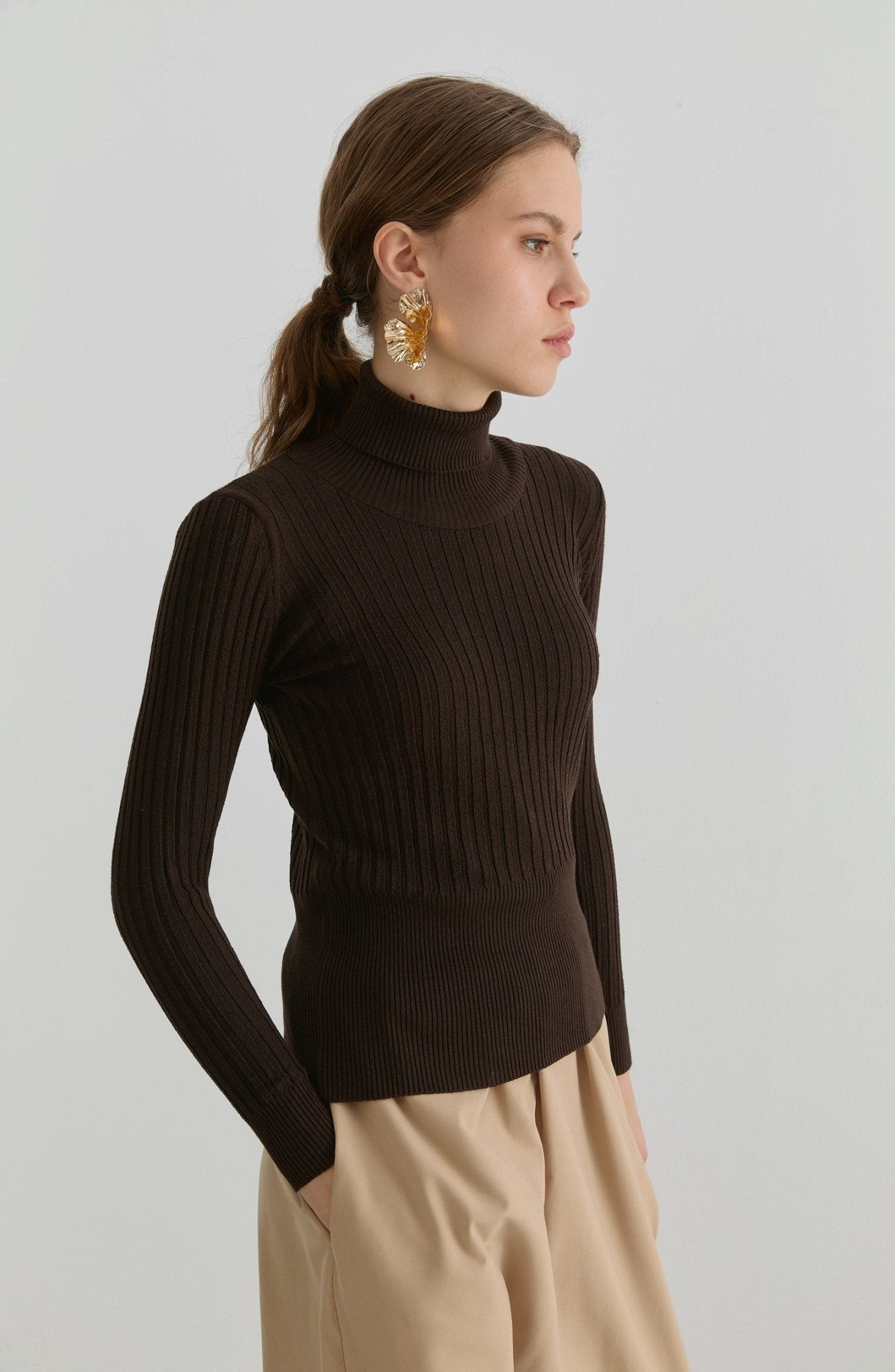 Basic Balıkçı Yaka Acı Kahve Fitilli Triko Kazak - Fatma Atasoy