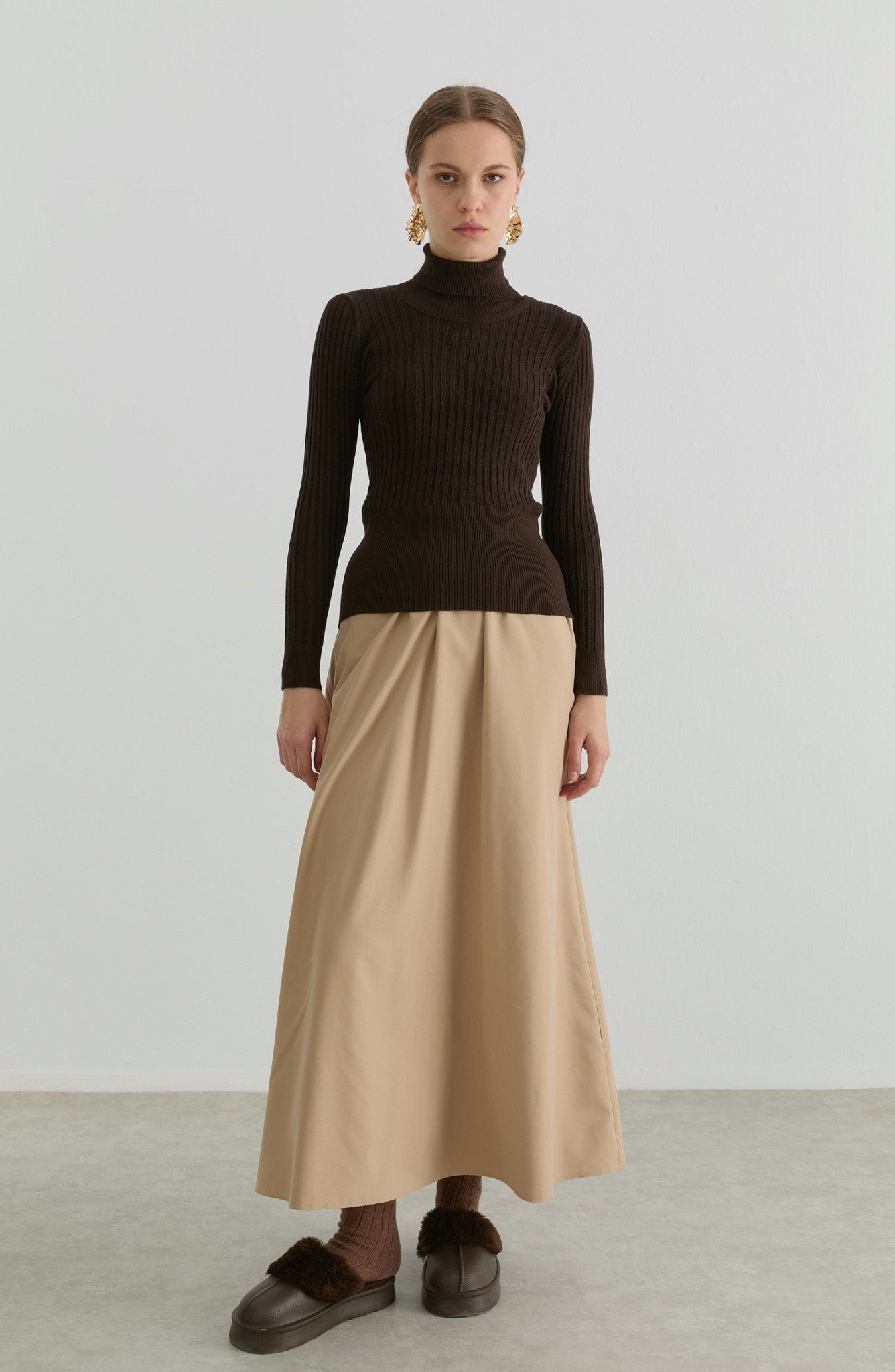 Basic Balıkçı Yaka Acı Kahve Fitilli Triko Kazak - Fatma Atasoy