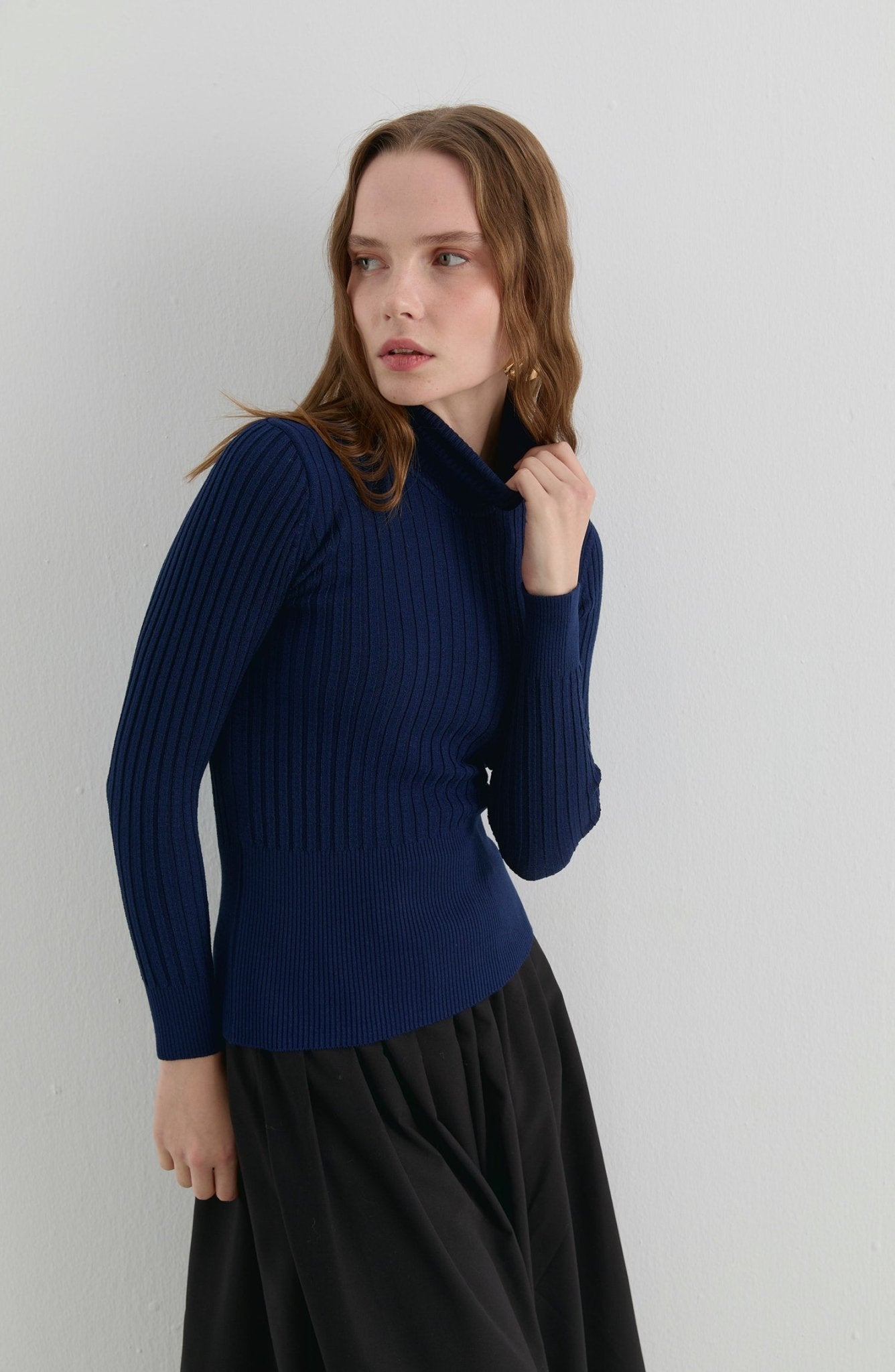 Basic Balıkçı Yaka Lacivert Kahve Fitilli Triko Kazak - Fatma Atasoy