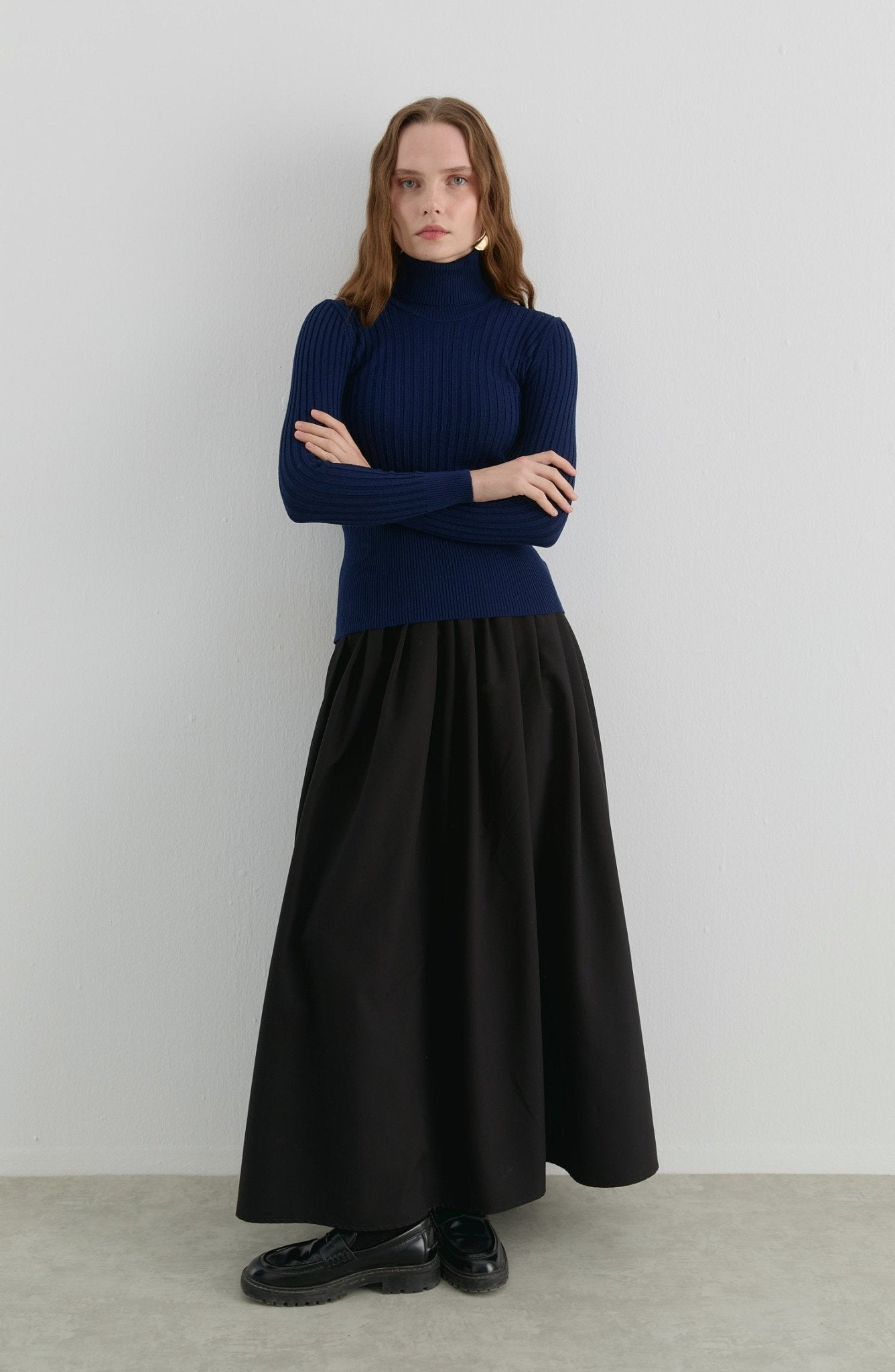 Basic Balıkçı Yaka Lacivert Kahve Fitilli Triko Kazak - Fatma Atasoy