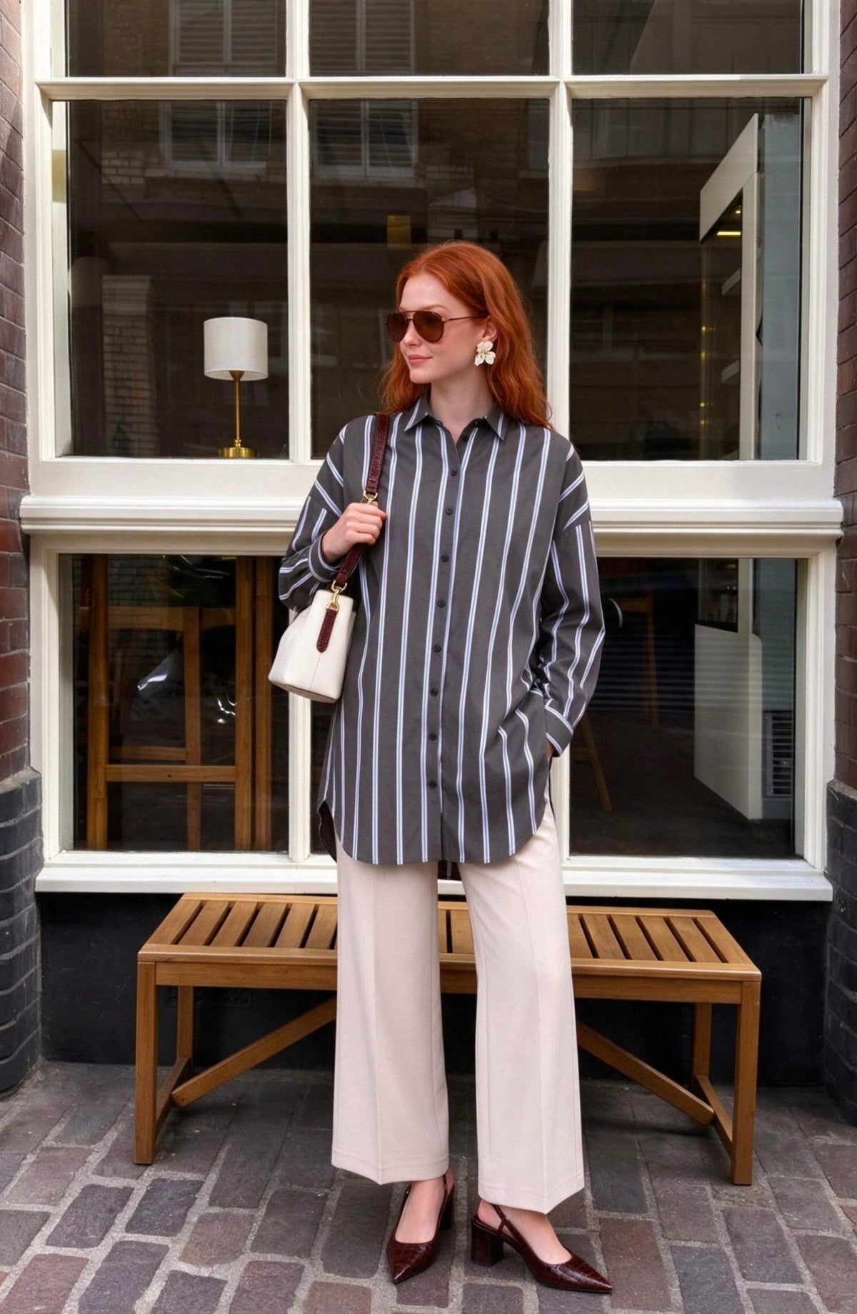 Basic Bebe Mavi-Acı Kahve Çizgili Oversize Pamuk Gömlek - Fatma Atasoy