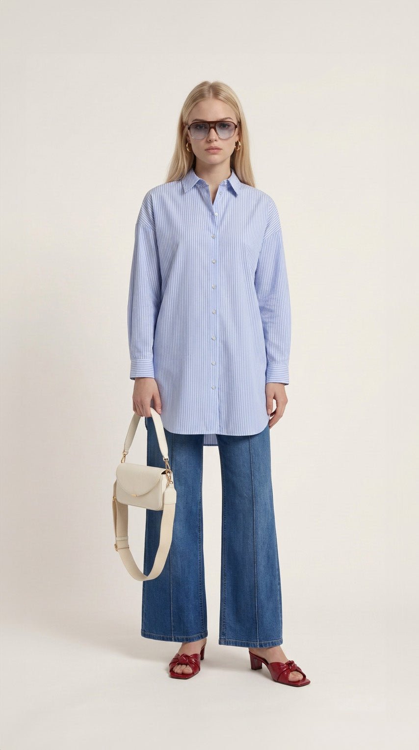 Basic Beyaz Çizgili Oversize Pamuk Gömlek - Fatma Atasoy